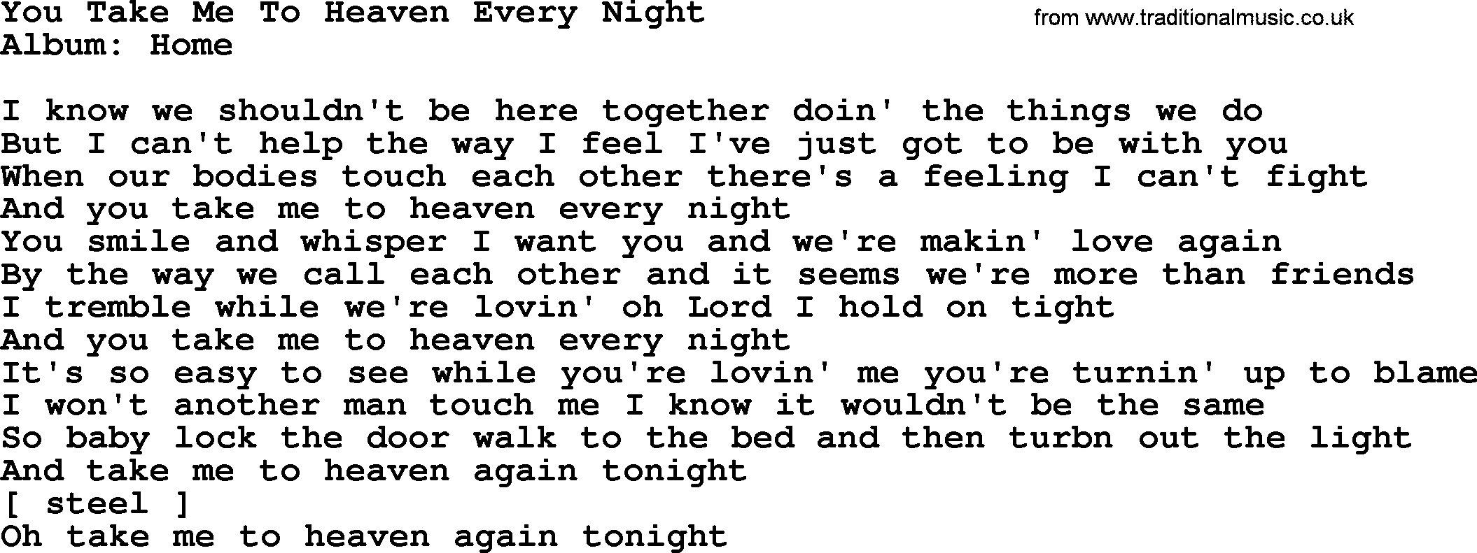 Loretta Lynn song: You Take Me To Heaven Every Night lyrics