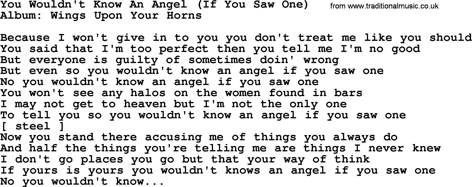 Loretta Lynn song: You Wouldn't Know An Angel (If You Saw One) lyrics