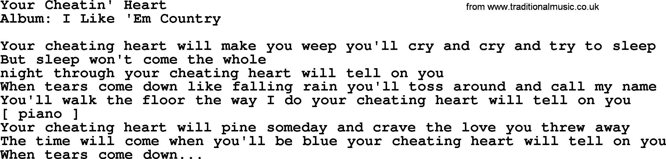 Loretta Lynn song: Your Cheatin' Heart lyrics