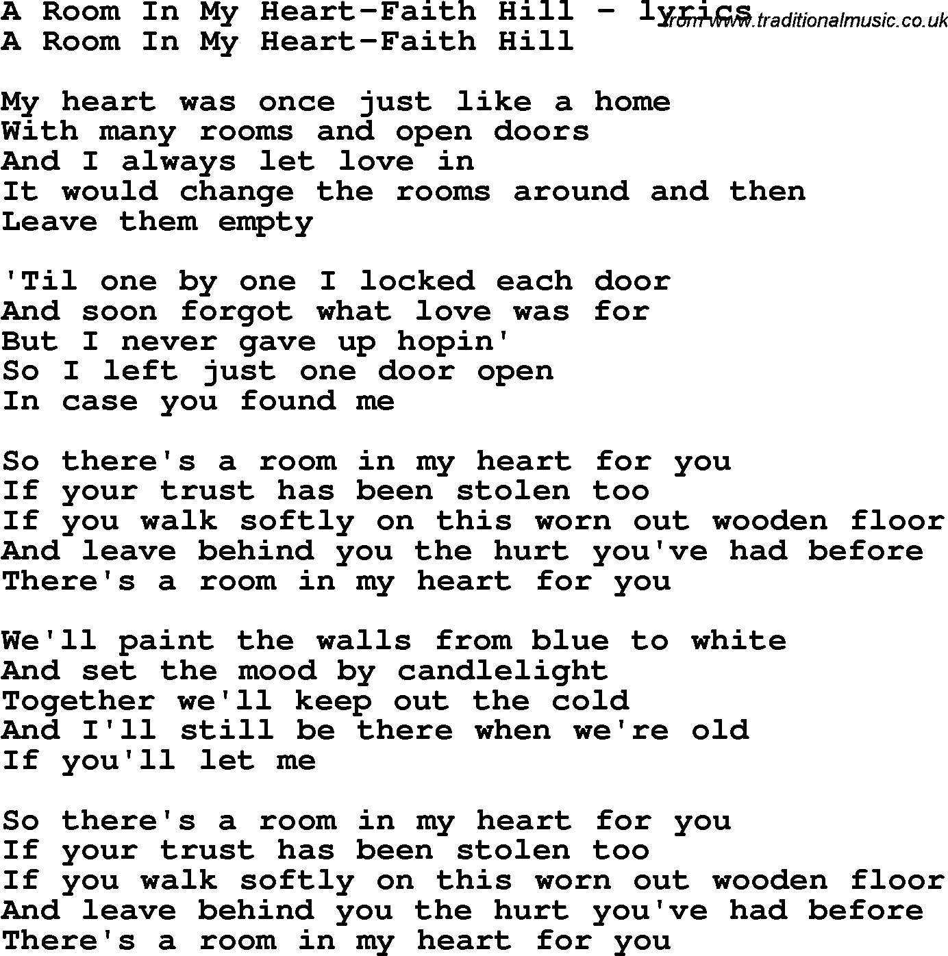Love Song Lyrics for: A Room In My Heart-Faith Hill