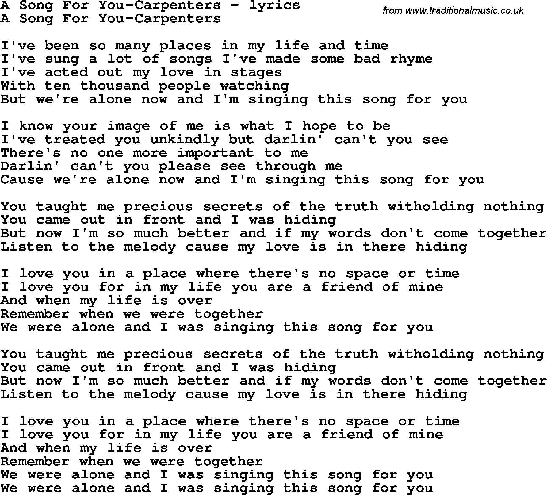 Love Song Lyrics for: A Song For You-Carpenters