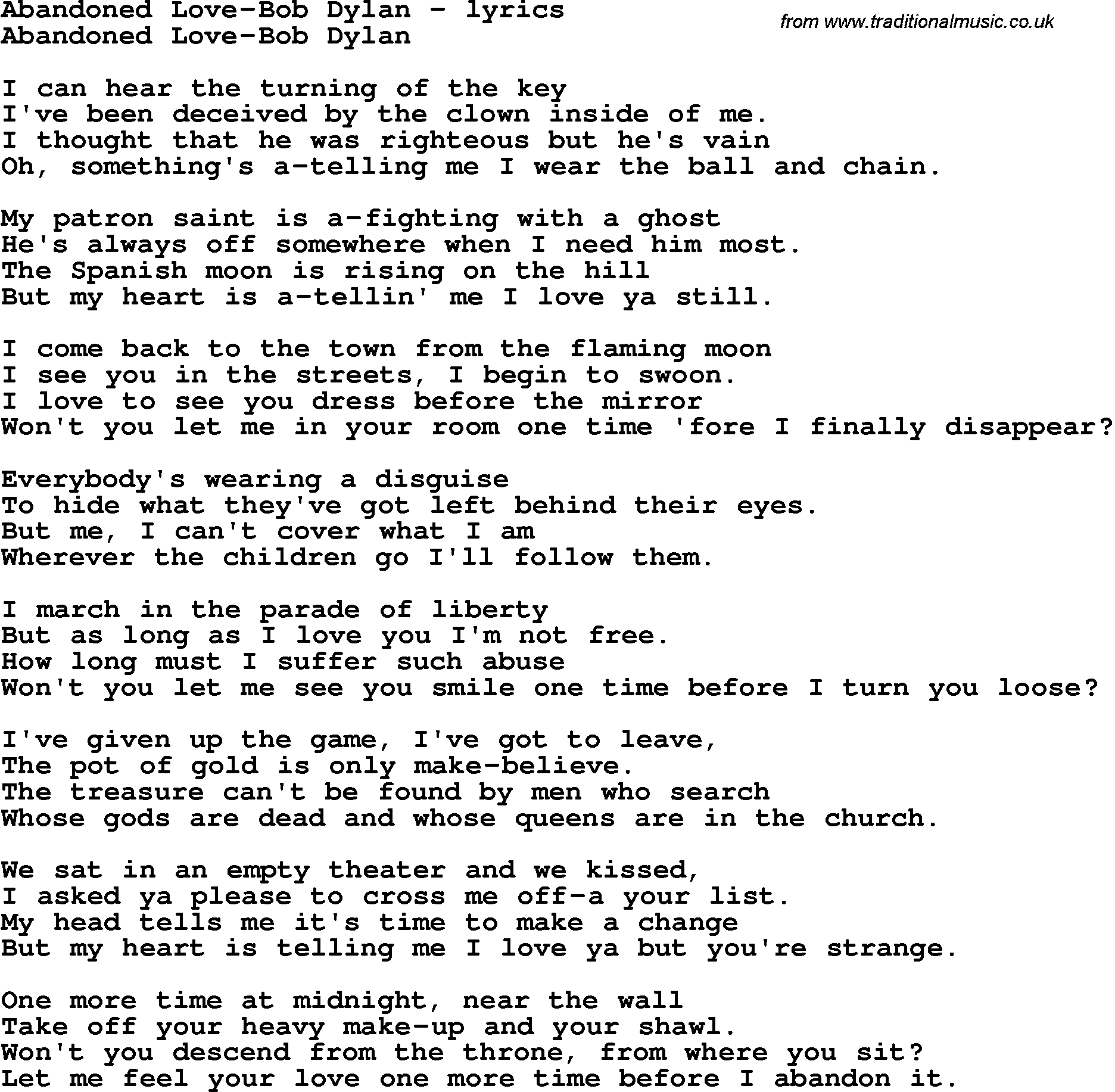 Love Song Lyrics for: Abandoned Love-Bob Dylan