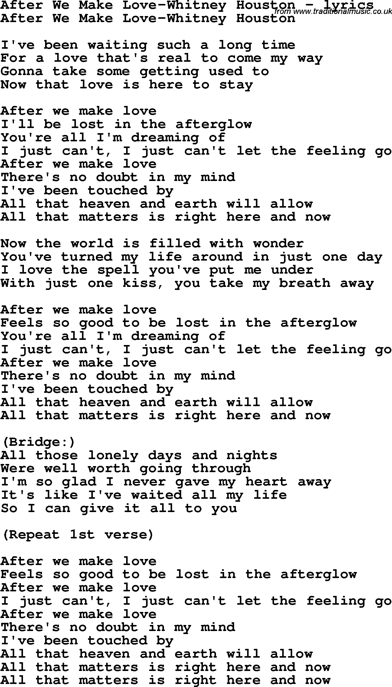 Love Song Lyrics for: After We Make Love-Whitney Houston