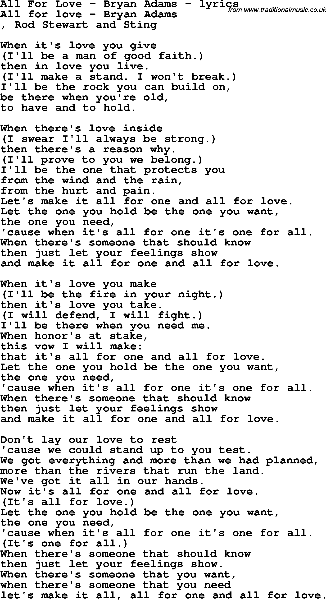 Love Song Lyrics for: All For Love - Bryan Adams