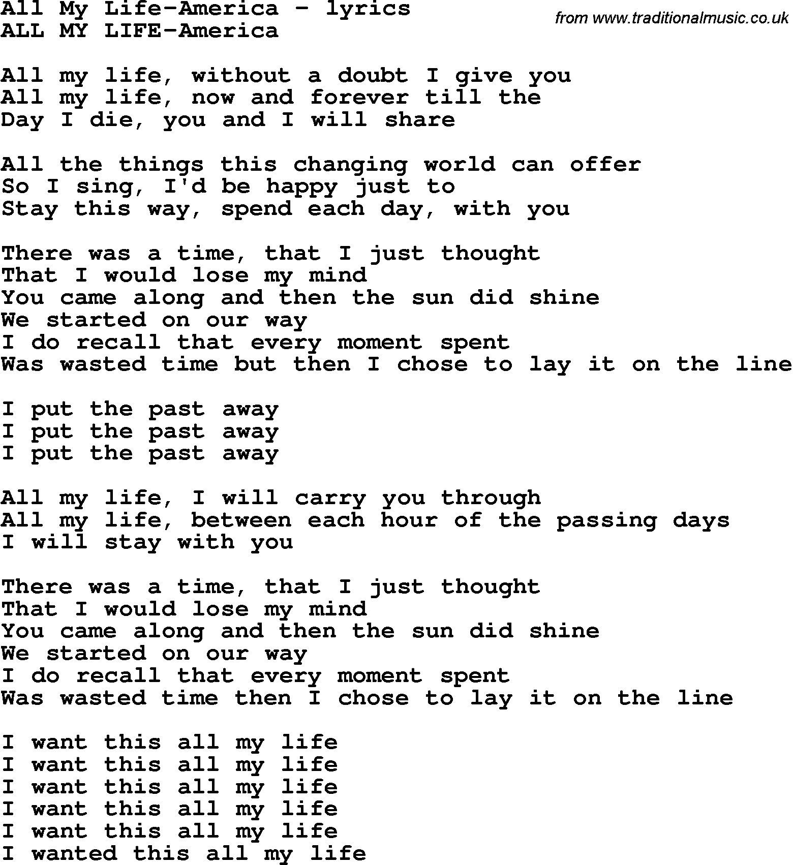 Love Song Lyrics for: All My Life-America