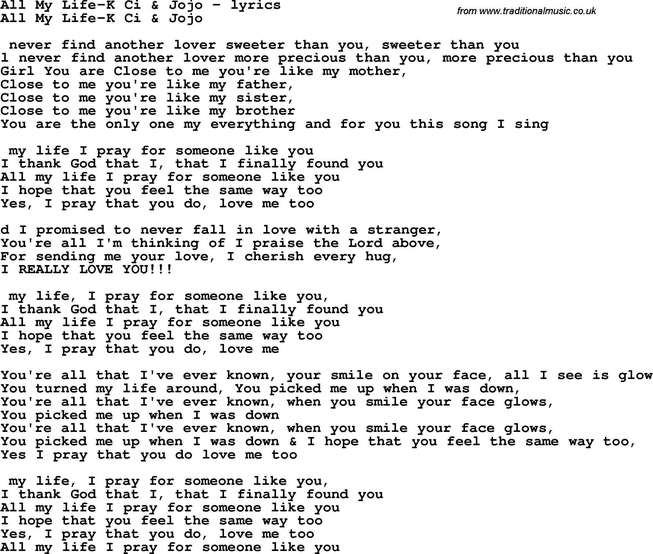 Love Song Lyrics for: All My Life-K Ci & Jojo