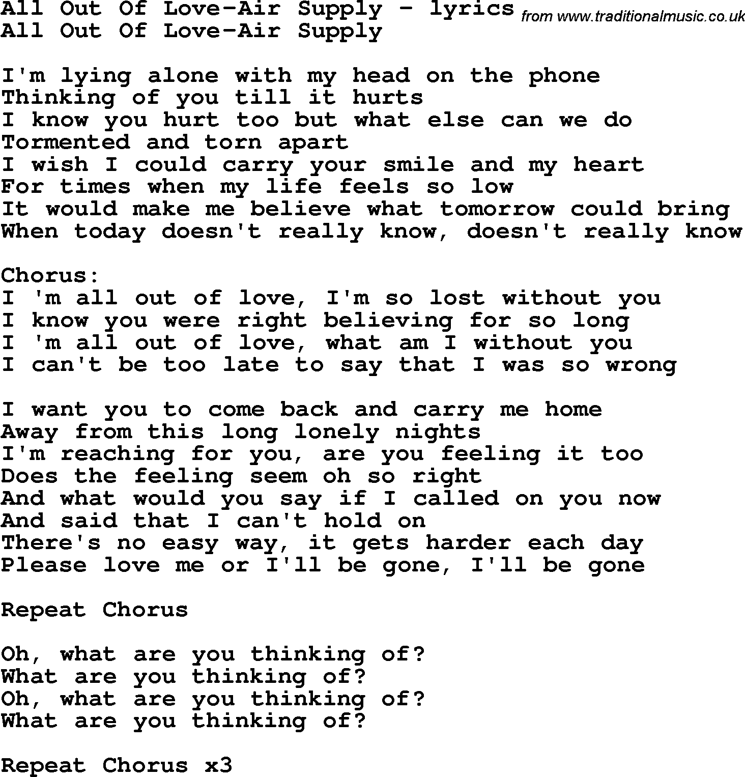 Love Song Lyrics for: All Out Of Love-Air Supply
