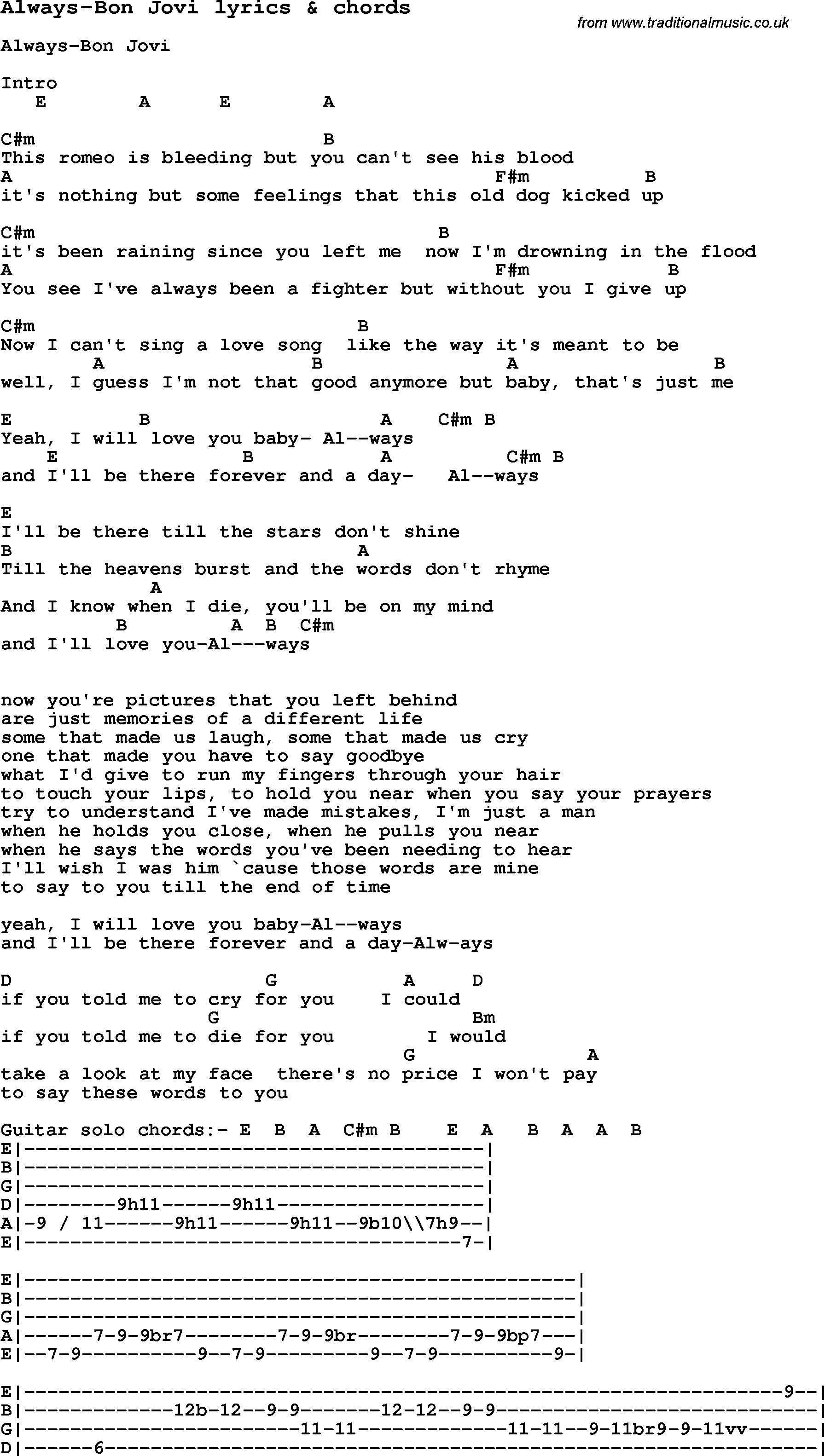 Love Song Lyrics for: Always-Bon Jovi with chords for Ukulele, Guitar Banjo etc.