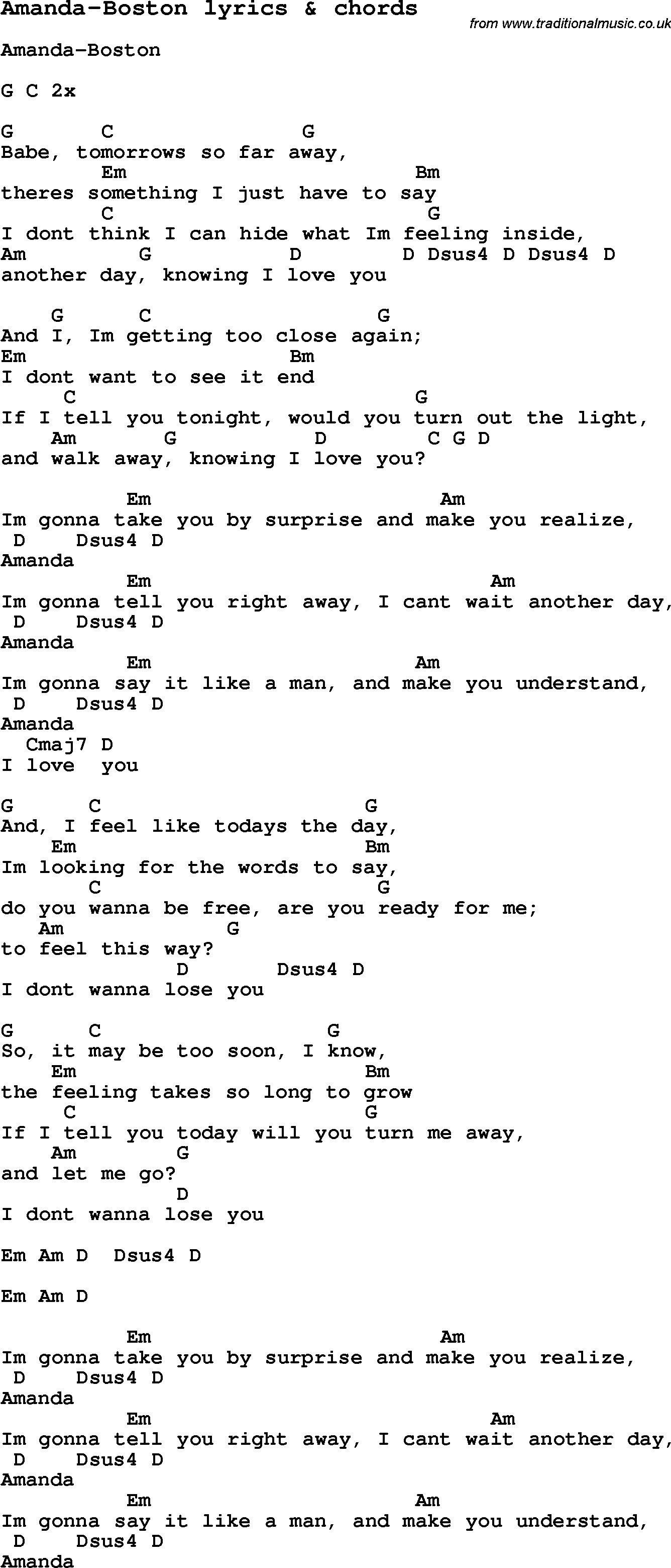 Love Song Lyrics for: Amanda-Boston with chords for Ukulele, Guitar Banjo etc.