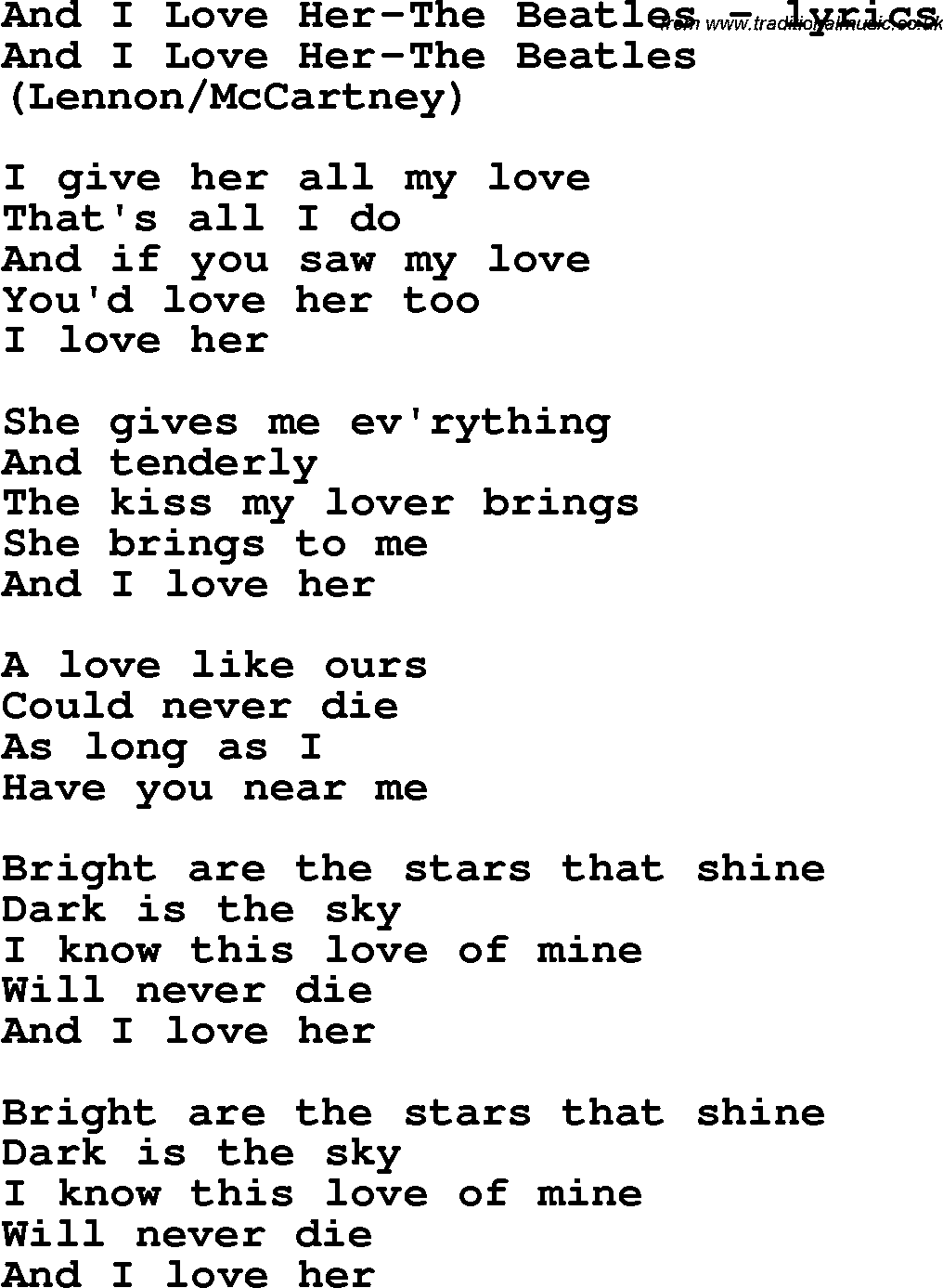 Love Song Lyrics for: And I Love Her-The Beatles