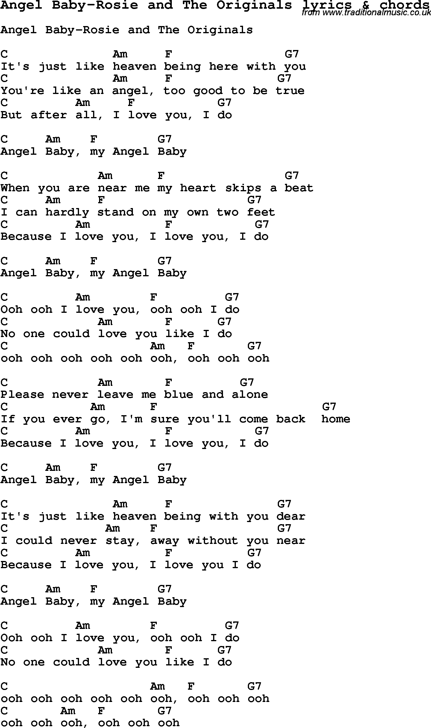 Love Song Lyrics for: Angel Baby-Rosie and The Originals with chords for Ukulele, Guitar Banjo etc.