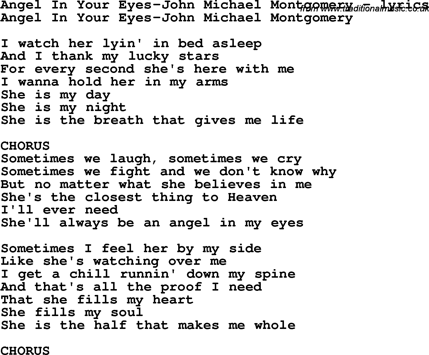 Love Song Lyrics for: Angel In Your Eyes-John Michael Montgomery