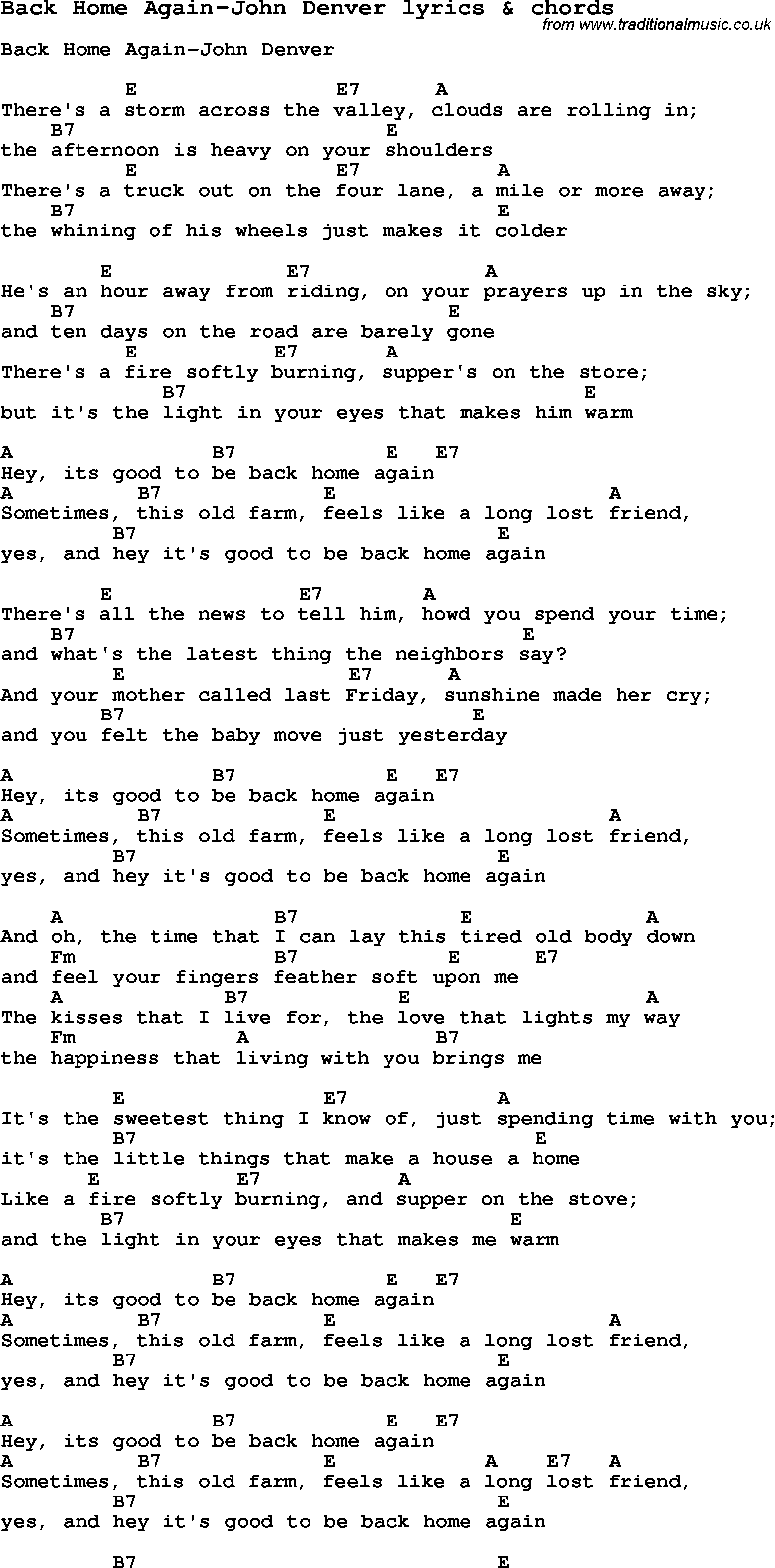 Love Song Lyrics for: Back Home Again-John Denver with chords for Ukulele, Guitar Banjo etc.