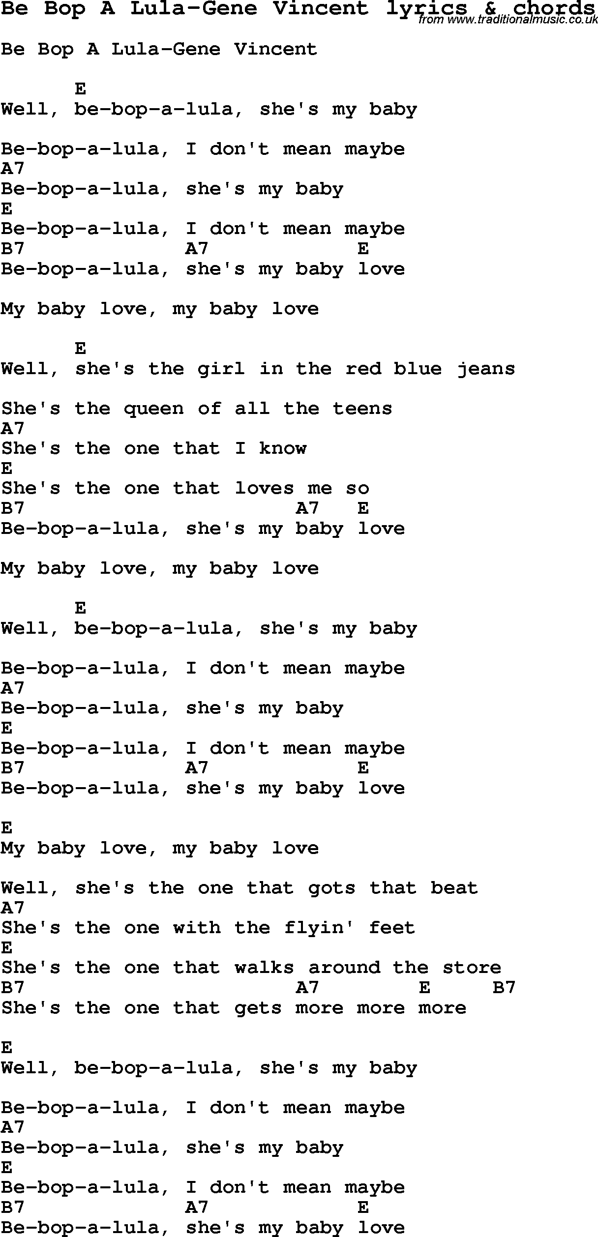 Love Song Lyrics for: Be Bop A Lula-Gene Vincent with chords for Ukulele, Guitar Banjo etc.