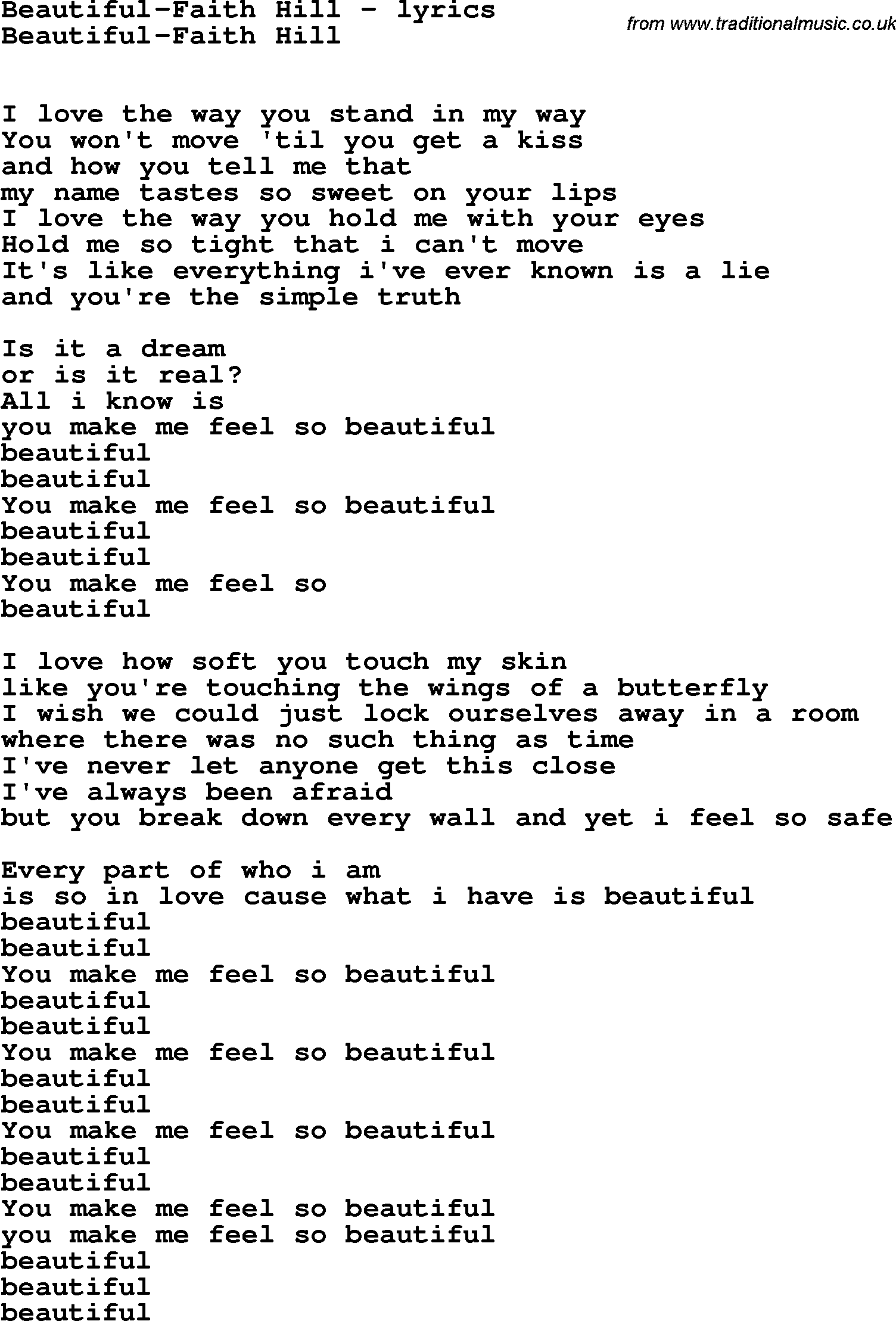 Love Song Lyrics for: Beautiful-Faith Hill