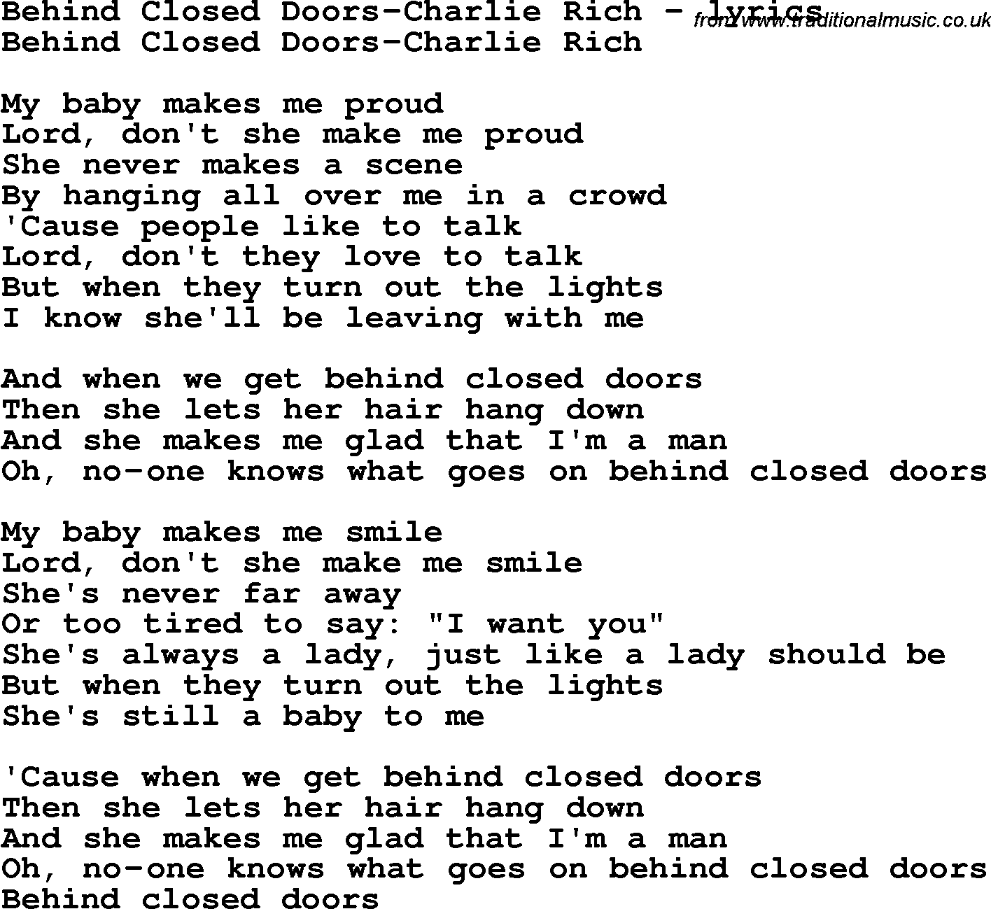 Love Song Lyrics for: Behind Closed Doors-Charlie Rich