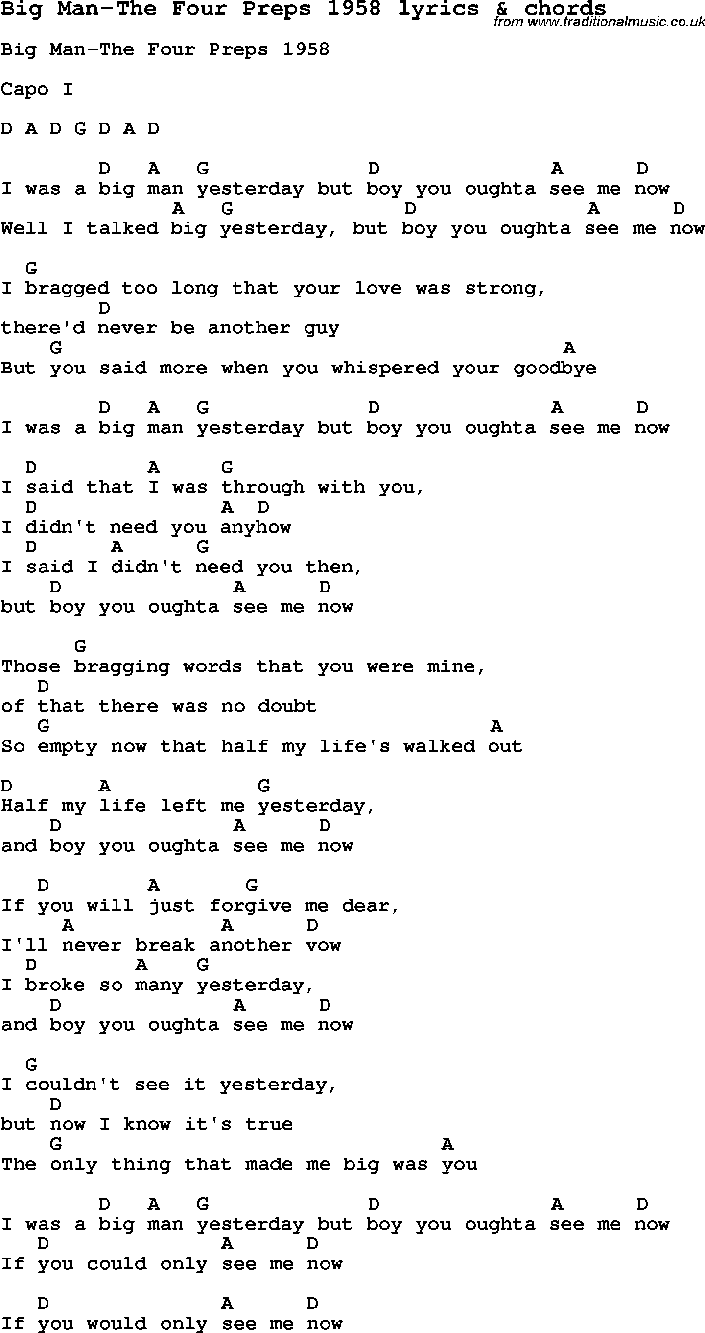Love Song Lyrics for: Big Man-The Four Preps 1958 with chords for Ukulele, Guitar Banjo etc.