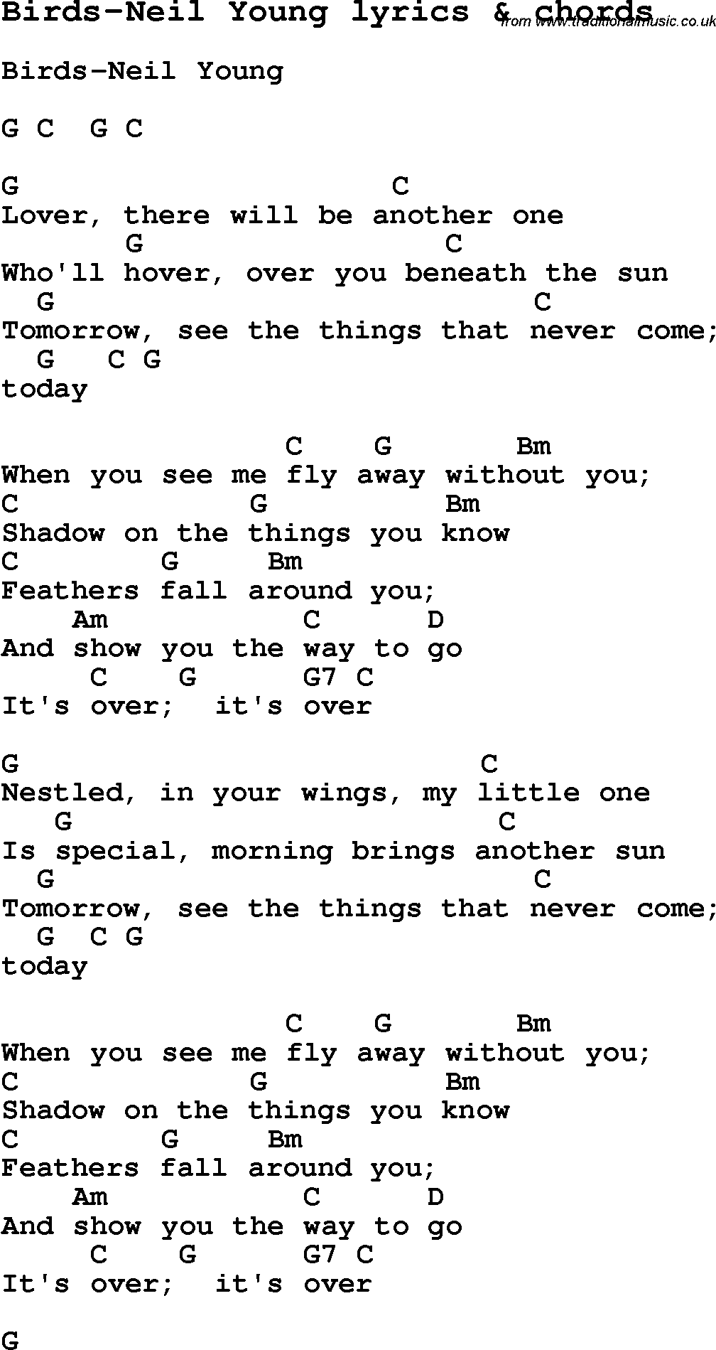 Love Song Lyrics for: Birds-Neil Young with chords for Ukulele, Guitar Banjo etc.