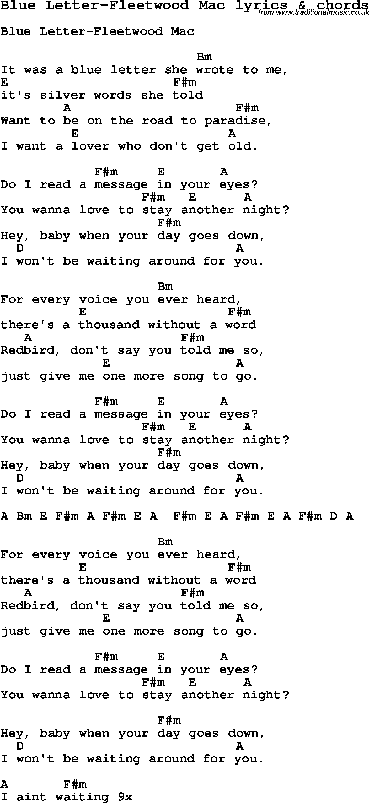 Love Song Lyrics for: Blue Letter-Fleetwood Mac with chords for Ukulele, Guitar Banjo etc.