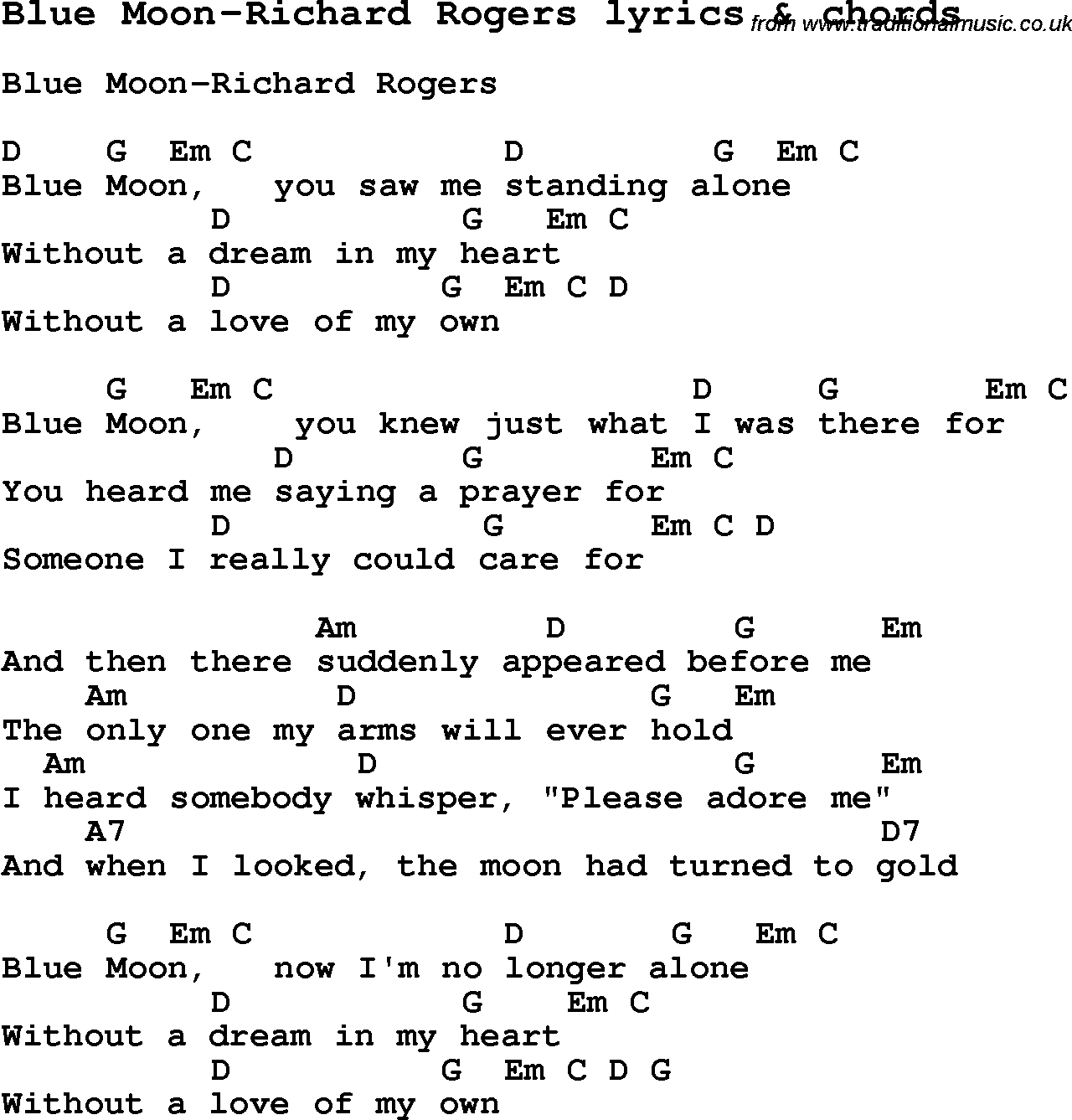 Love Song Lyrics for: Blue Moon-Richard Rogers with chords for Ukulele, Guitar Banjo etc.
