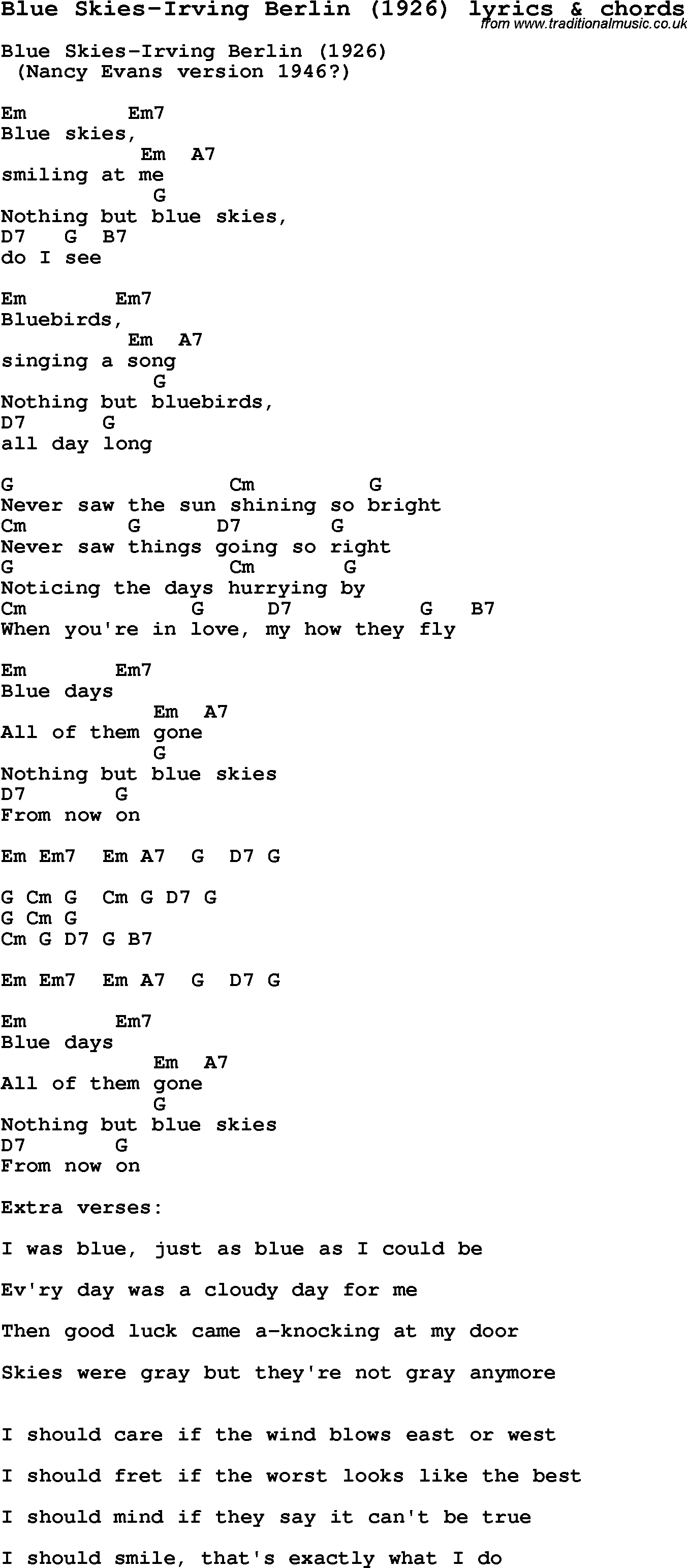 Love Song Lyrics for: Blue Skies-Irving Berlin (1926) with chords for Ukulele, Guitar Banjo etc.