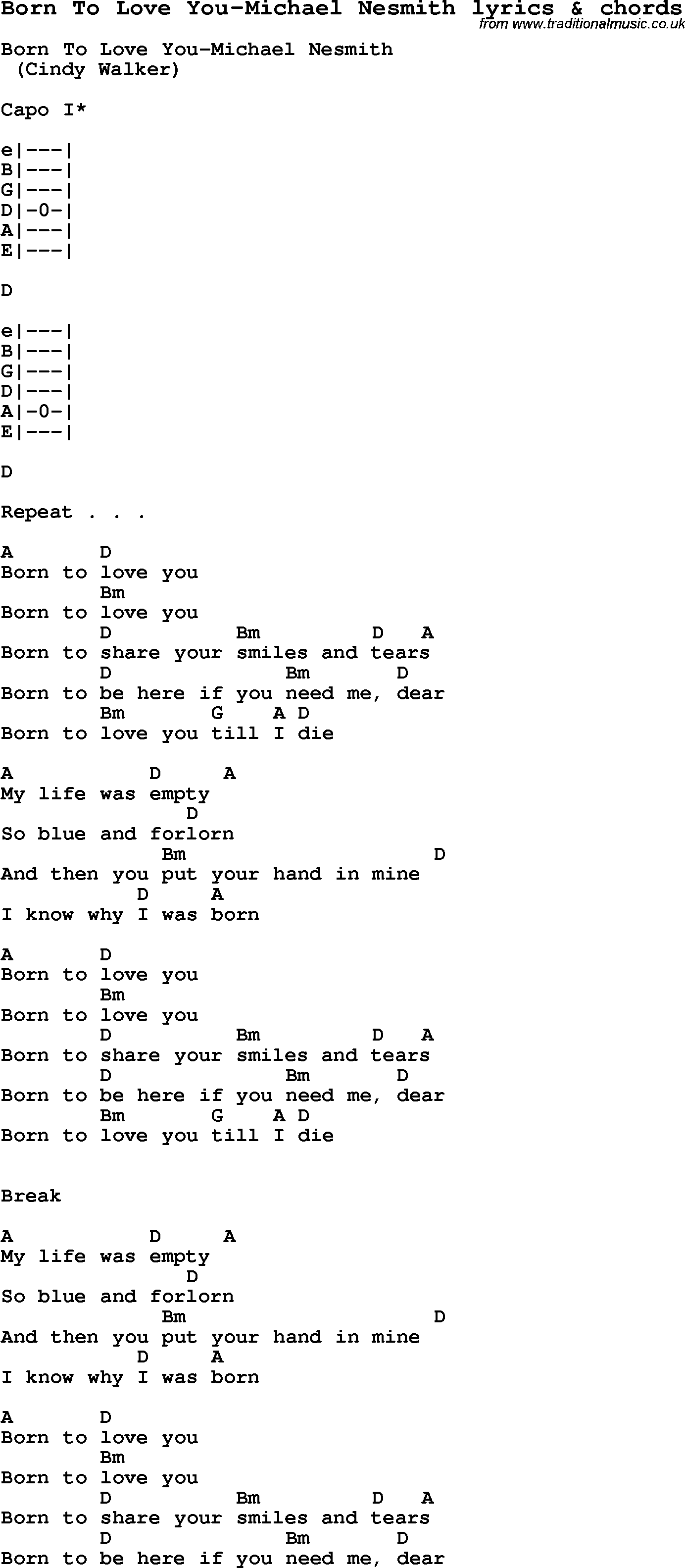 Love Song Lyrics for: Born To Love You-Michael Nesmith with chords for Ukulele, Guitar Banjo etc.