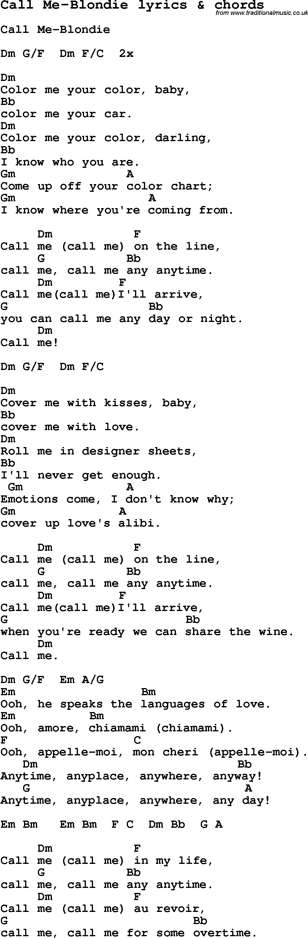 Love Song Lyrics for: Call Me-Blondie with chords for Ukulele, Guitar Banjo etc.