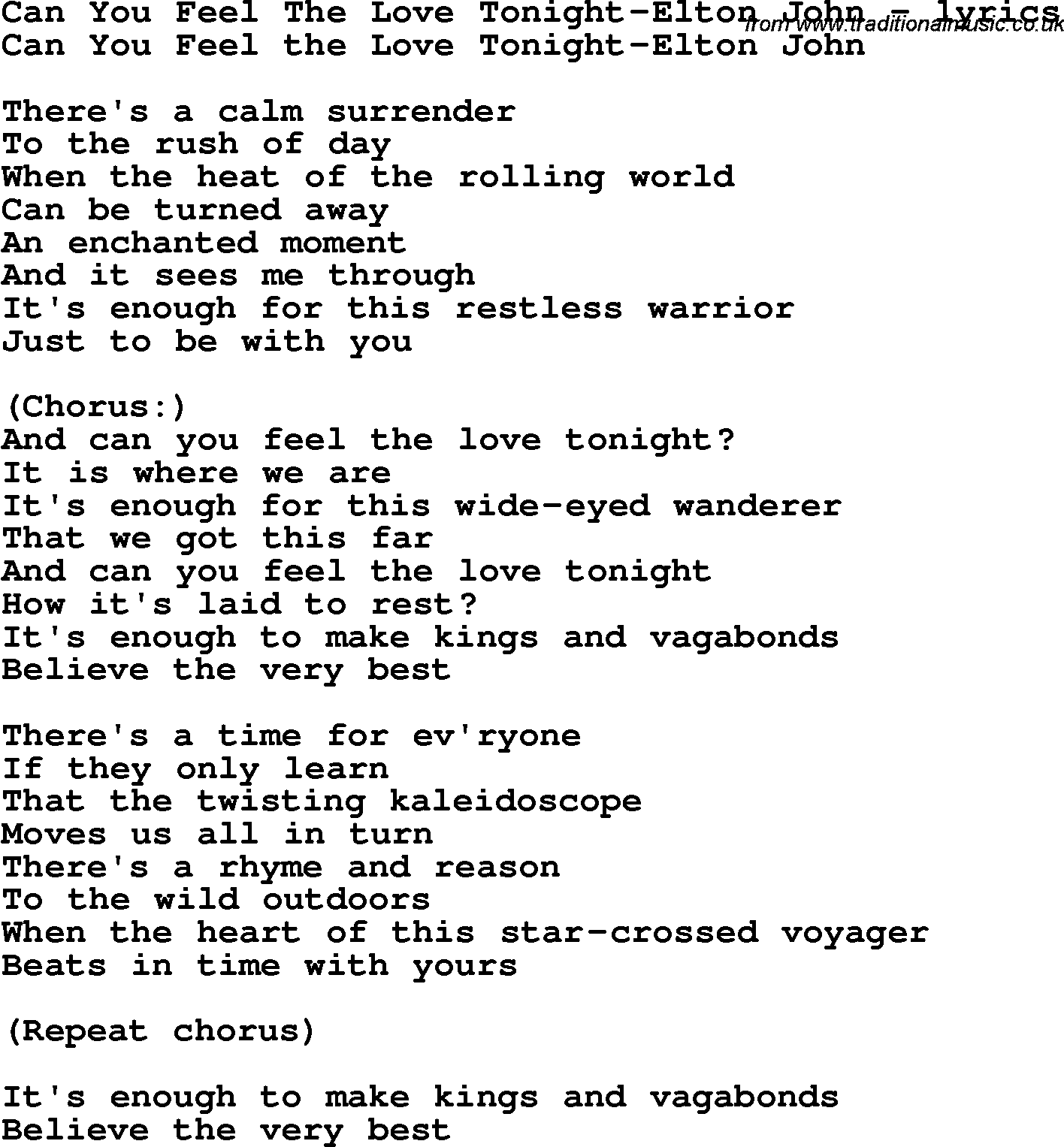 Love Song Lyrics for: Can You Feel The Love Tonight-Elton John