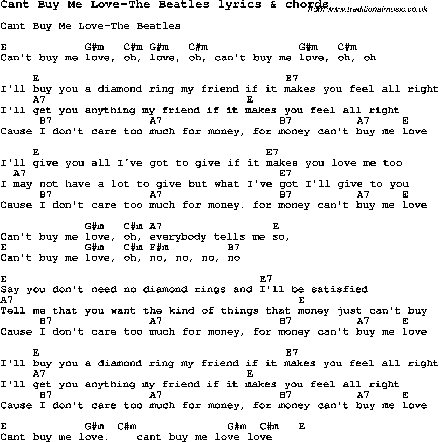 Love Song Lyrics for: Cant Buy Me Love-The Beatles with chords for Ukulele, Guitar Banjo etc.