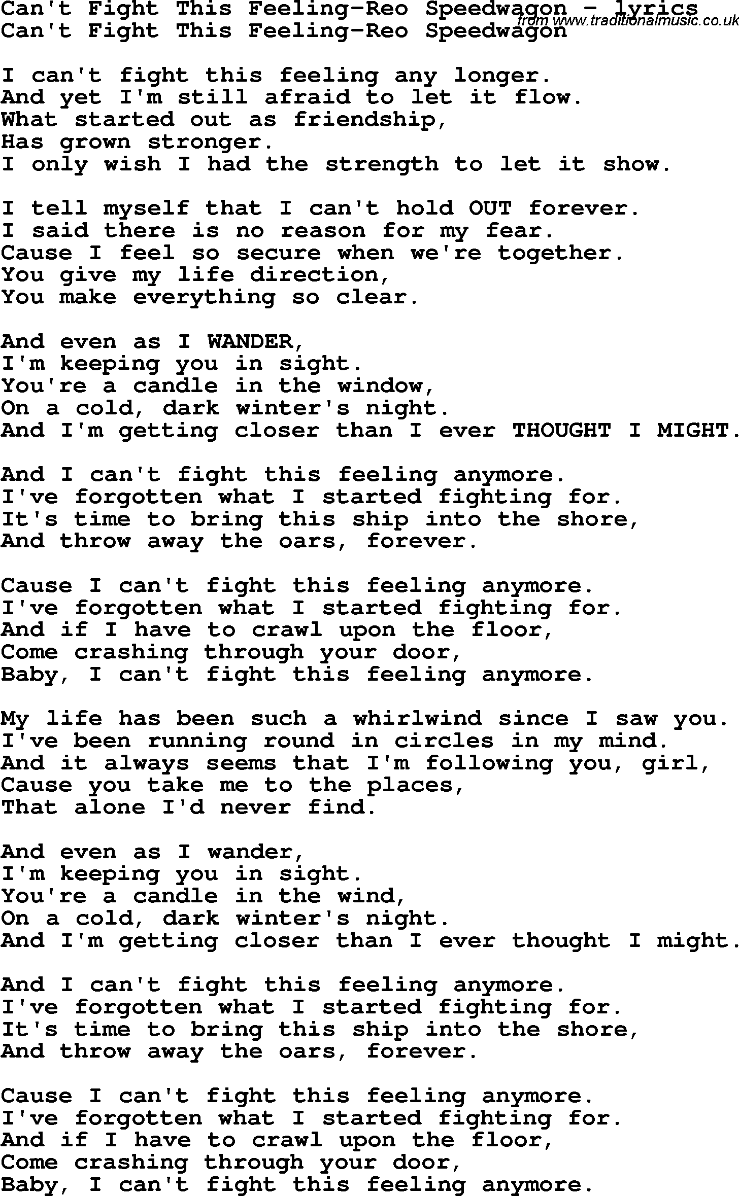 Love Song Lyrics for: Can't Fight This Feeling-Reo Speedwagon