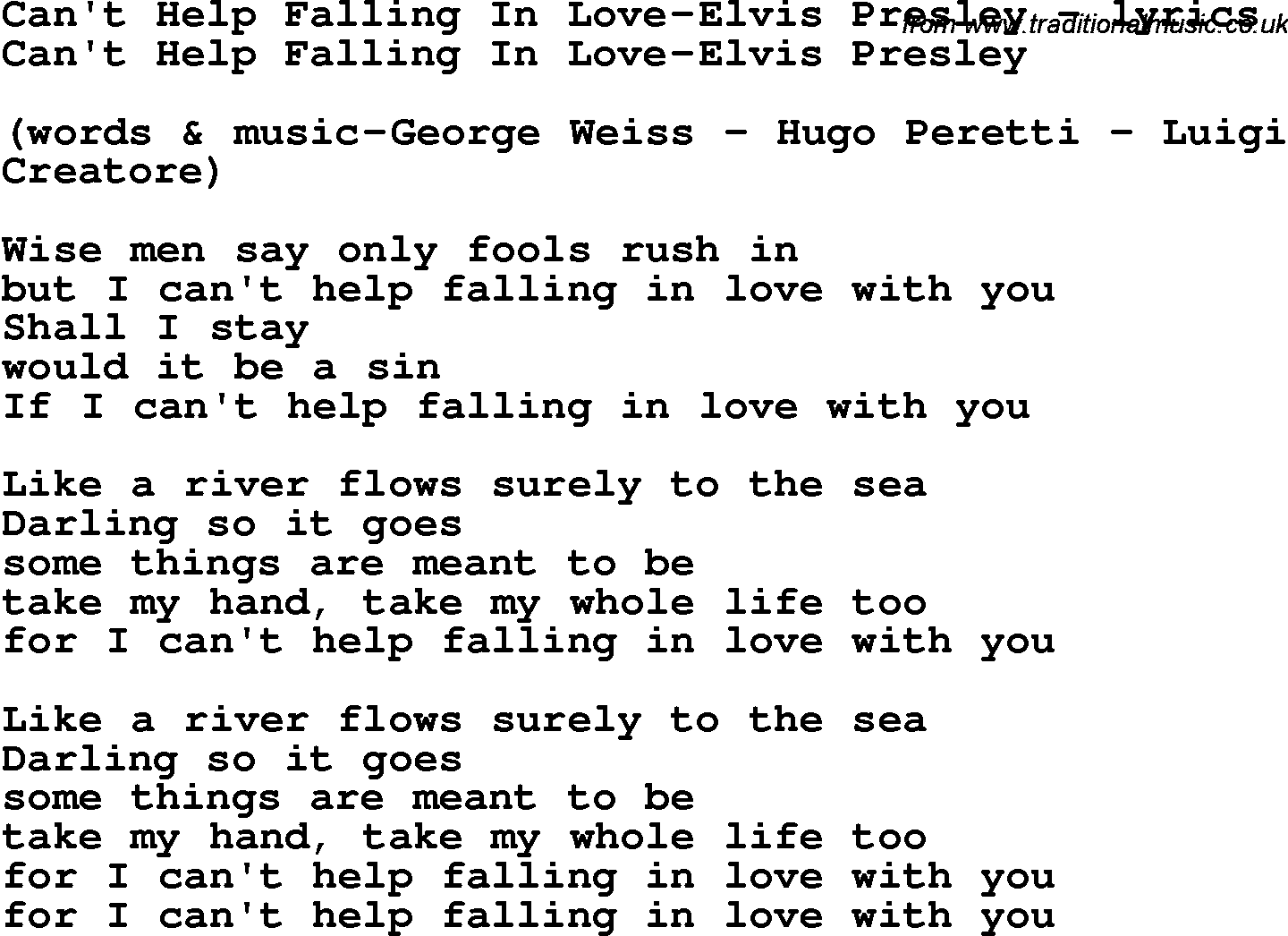 Love Song Lyrics for: Can't Help Falling In Love-Elvis Presley