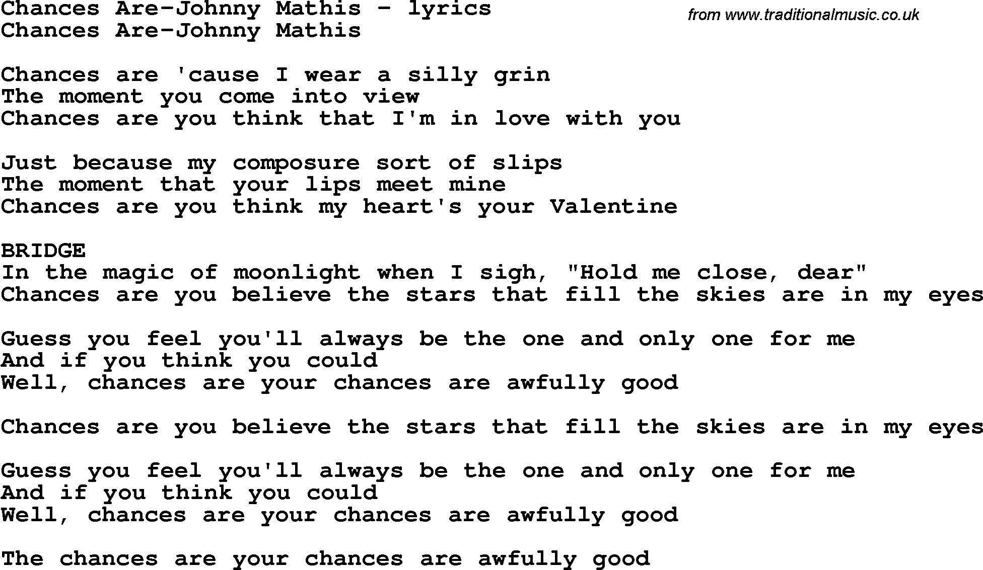 Love Song Lyrics for: Chances Are-Johnny Mathis