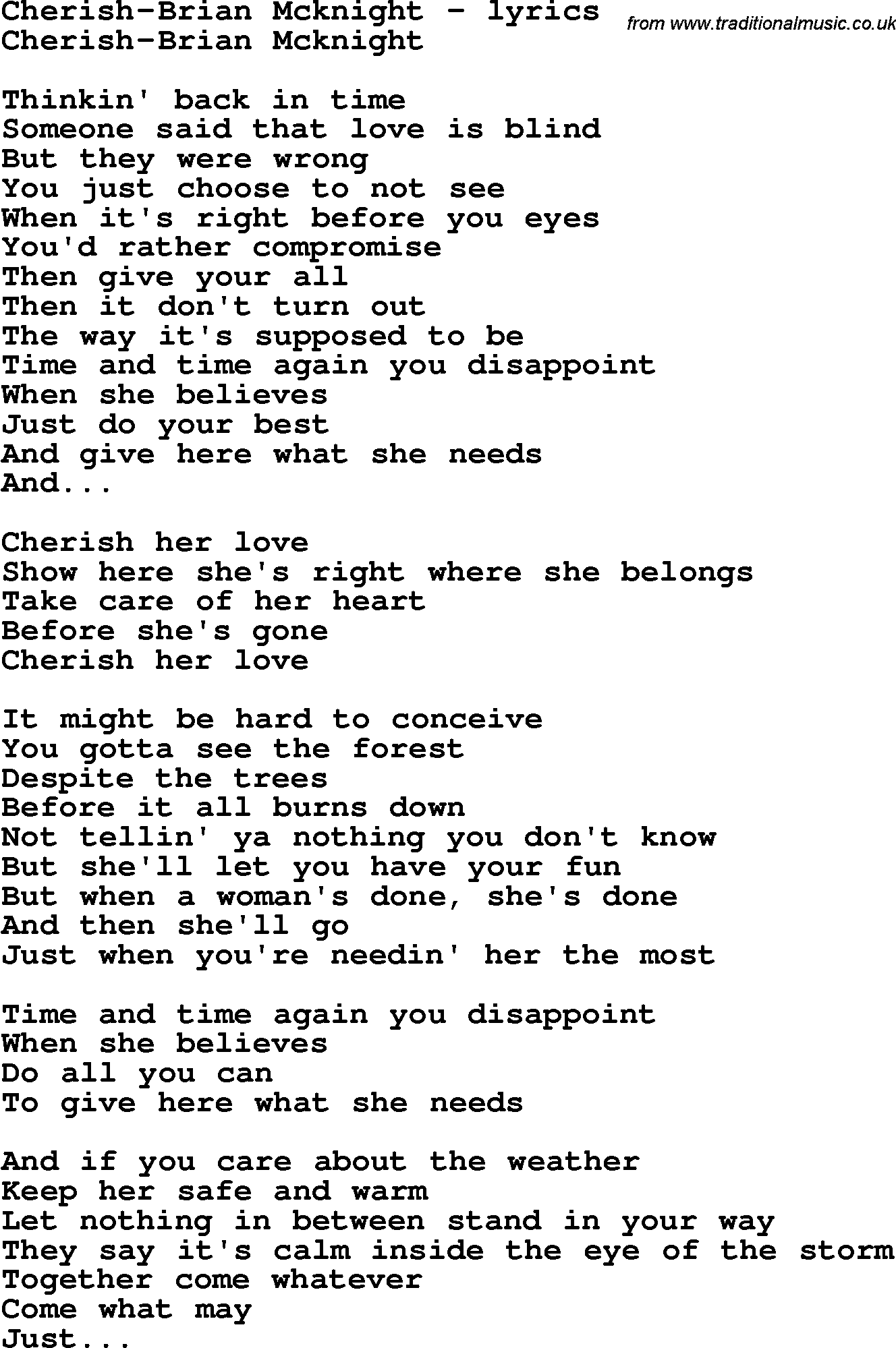 Love Song Lyrics for: Cherish-Brian Mcknight