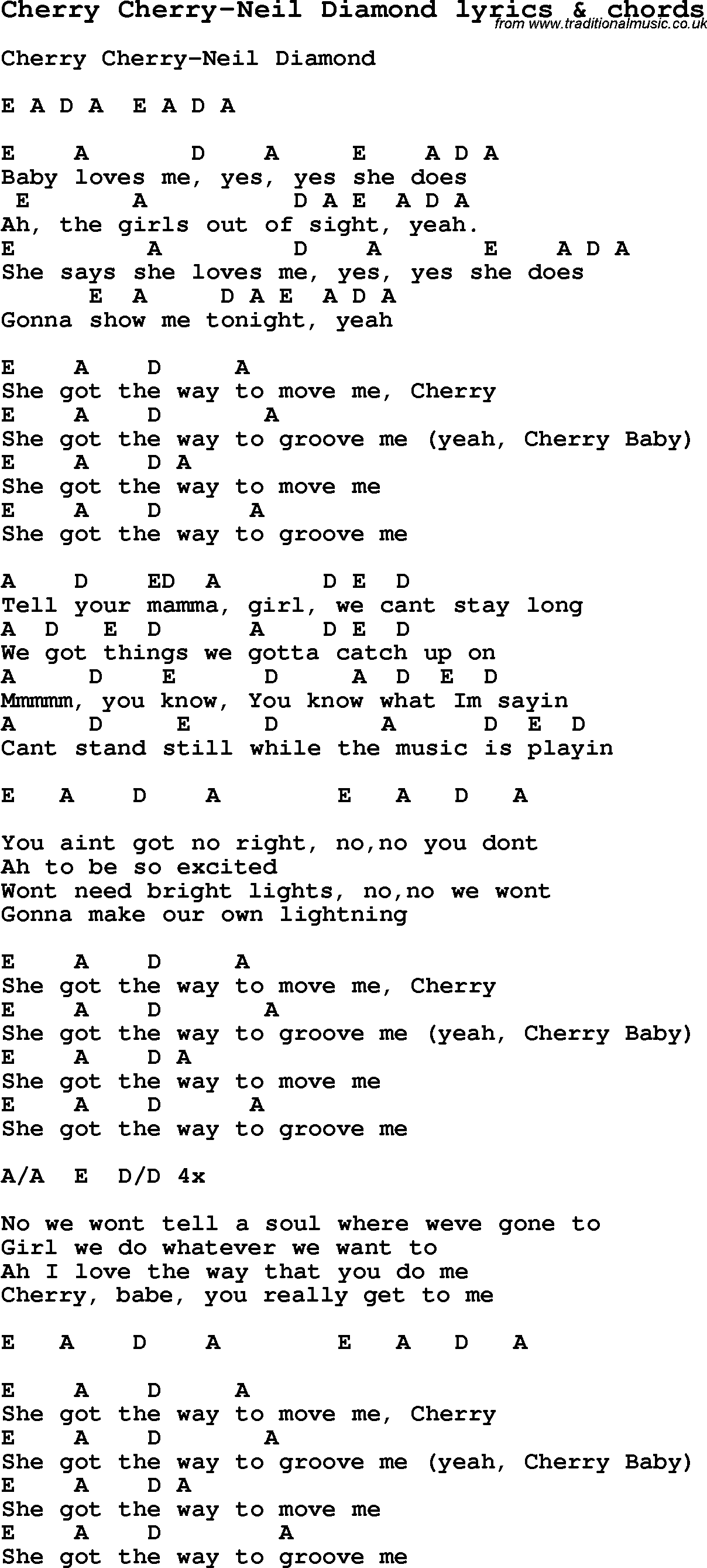 Love Song Lyrics for: Cherry Cherry-Neil Diamond with chords for Ukulele, Guitar Banjo etc.