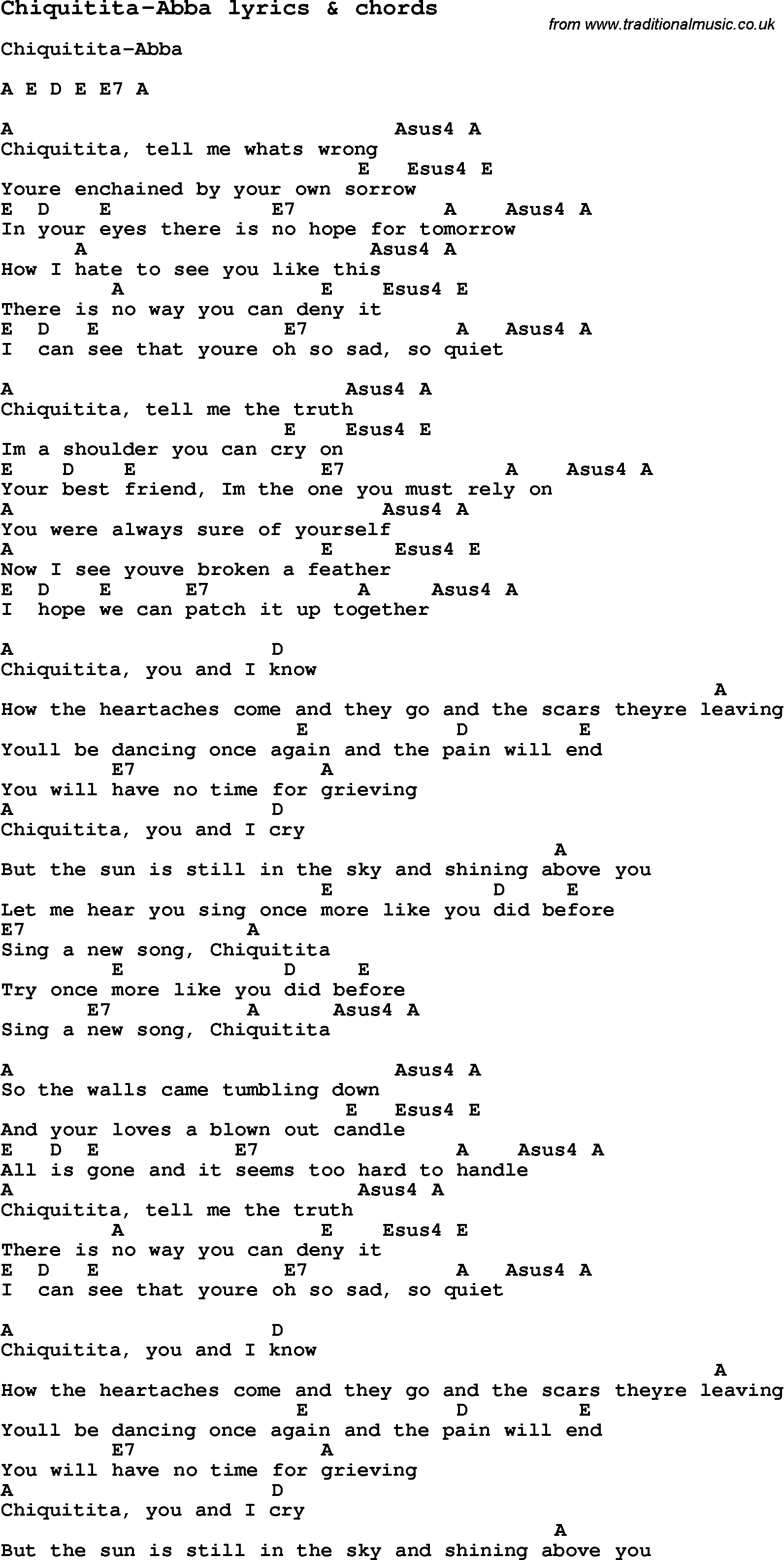 Love Song Lyrics for: Chiquitita-Abba with chords for Ukulele, Guitar Banjo etc.