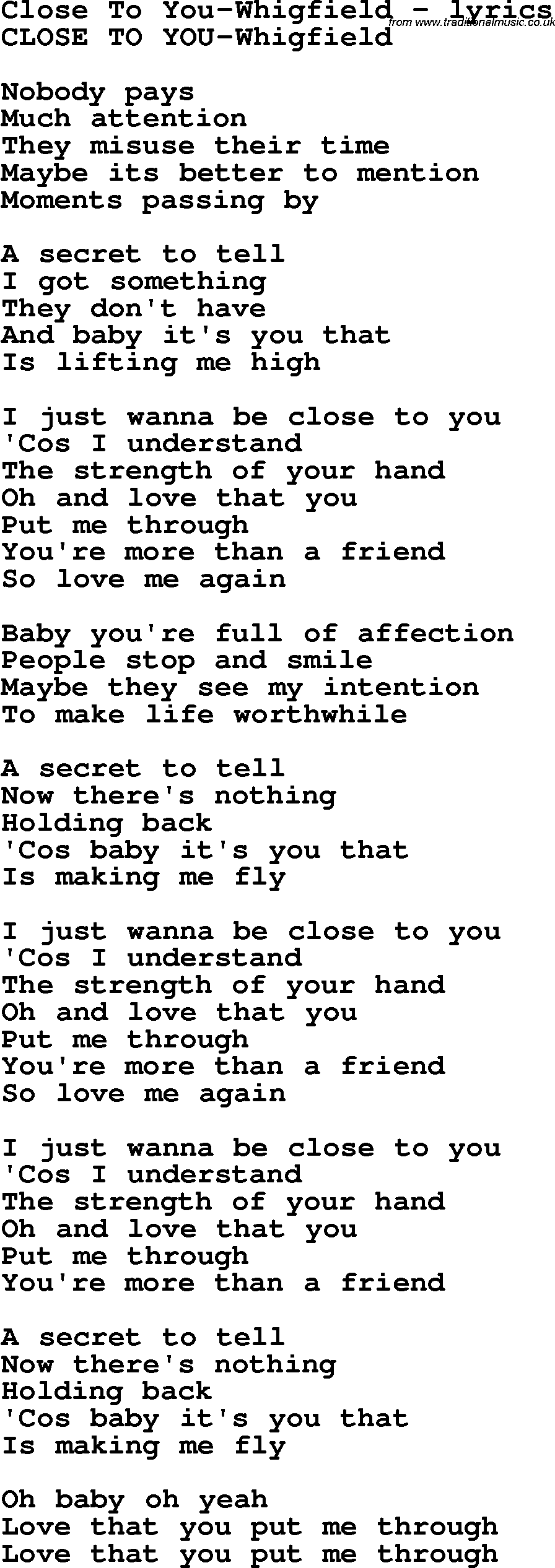 Love Song Lyrics for: Close To You-Whigfield