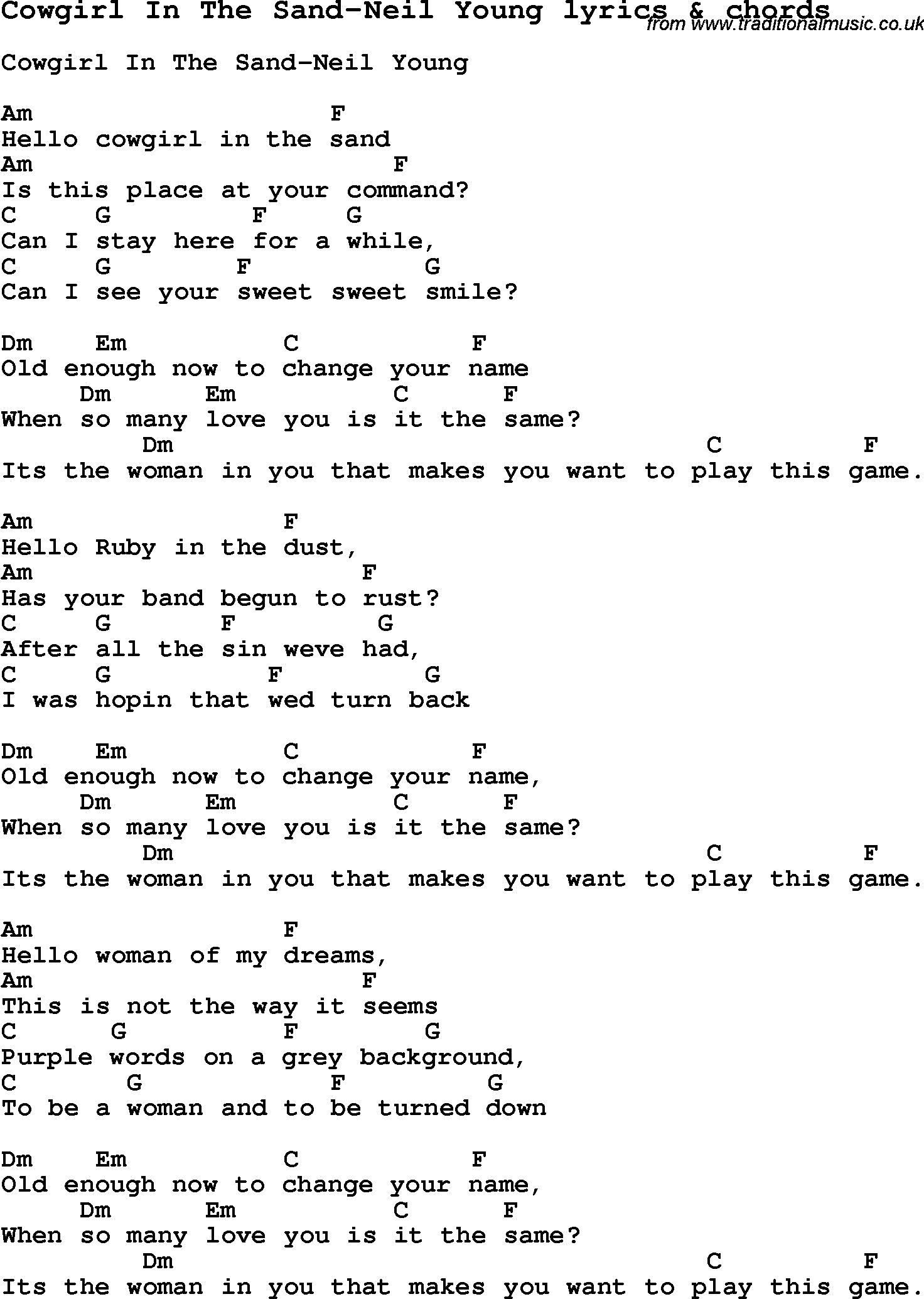 Love Song Lyrics for: Cowgirl In The Sand-Neil Young with chords for Ukulele, Guitar Banjo etc.