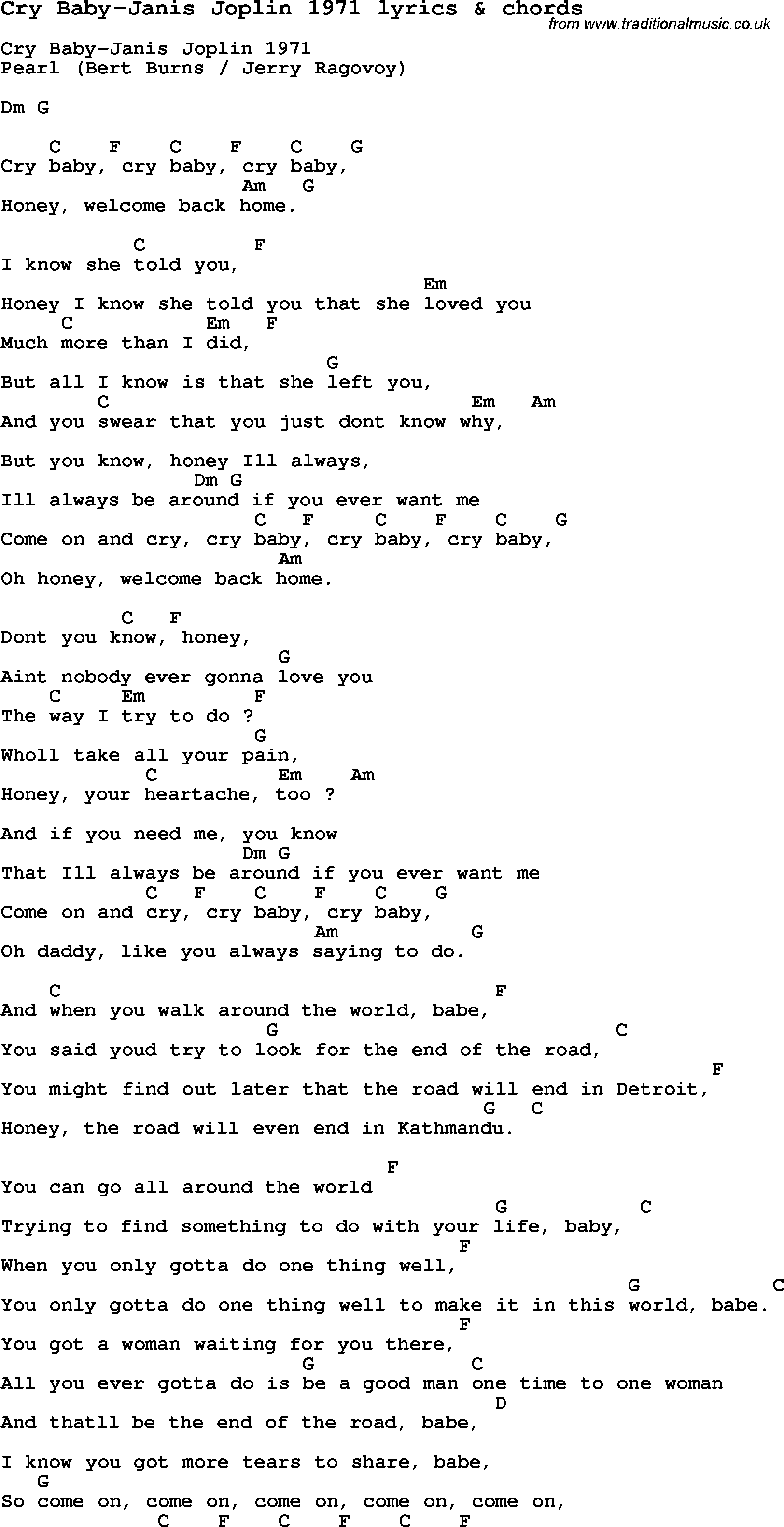 Love Song Lyrics for: Cry Baby-Janis Joplin 1971 with chords for Ukulele, Guitar Banjo etc.
