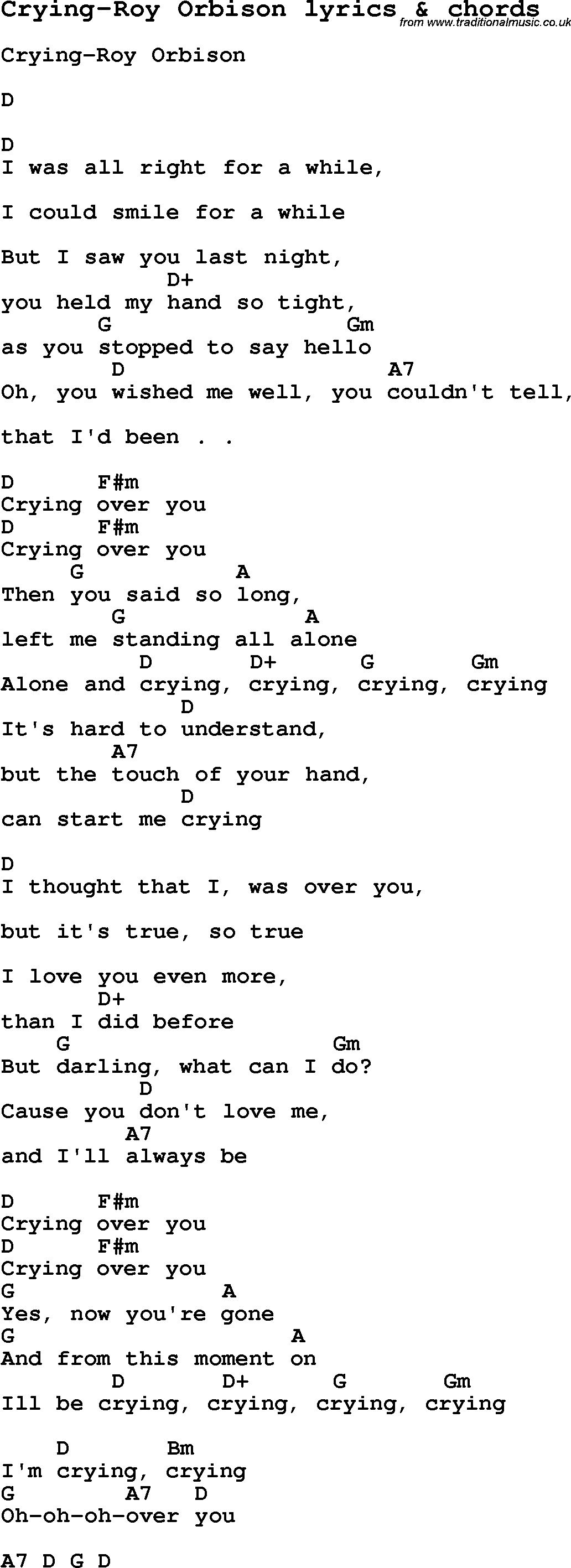 Love Song Lyrics for: Crying-Roy Orbison with chords for Ukulele, Guitar Banjo etc.