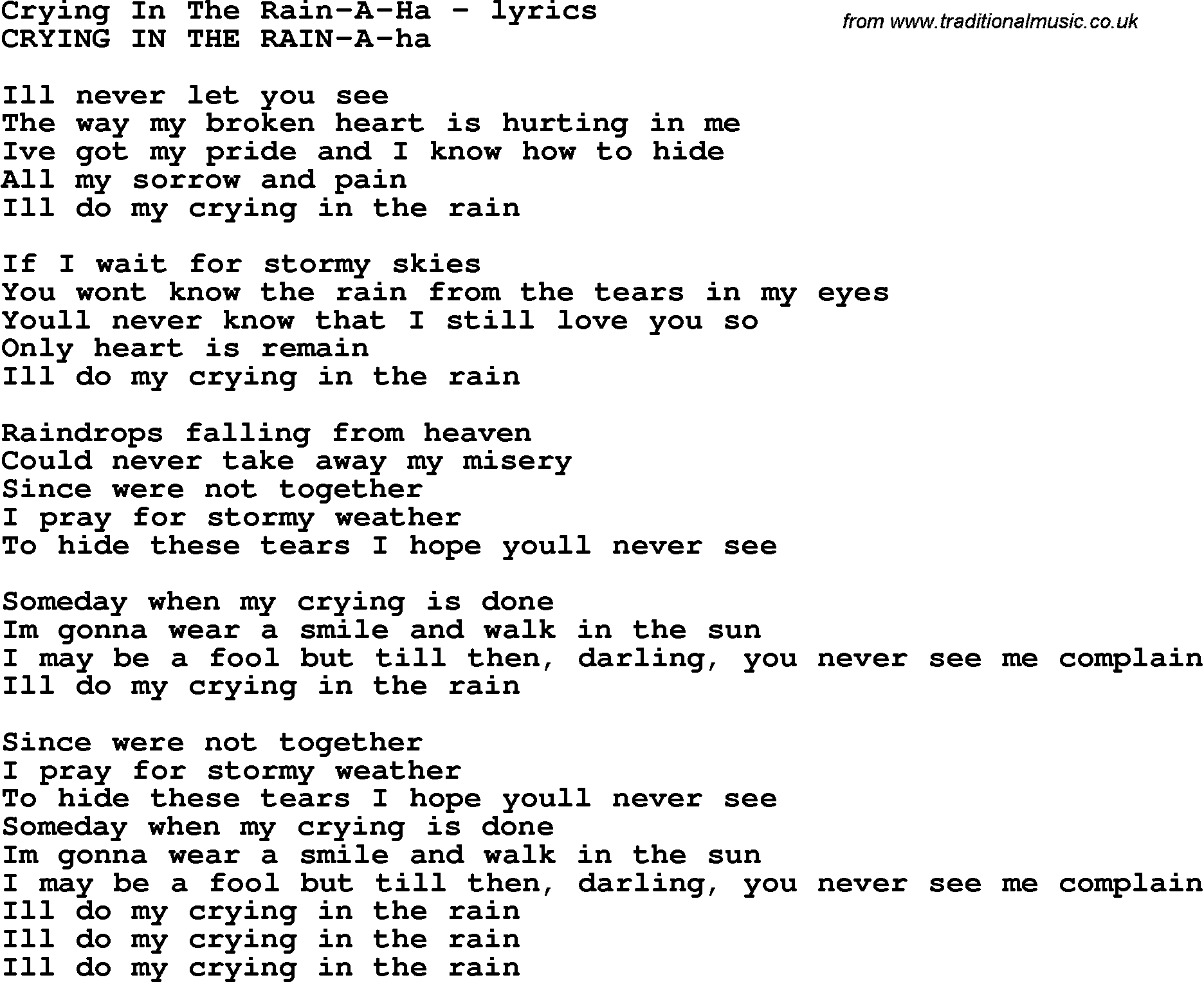 Love Song Lyrics for: Crying In The Rain-A-Ha