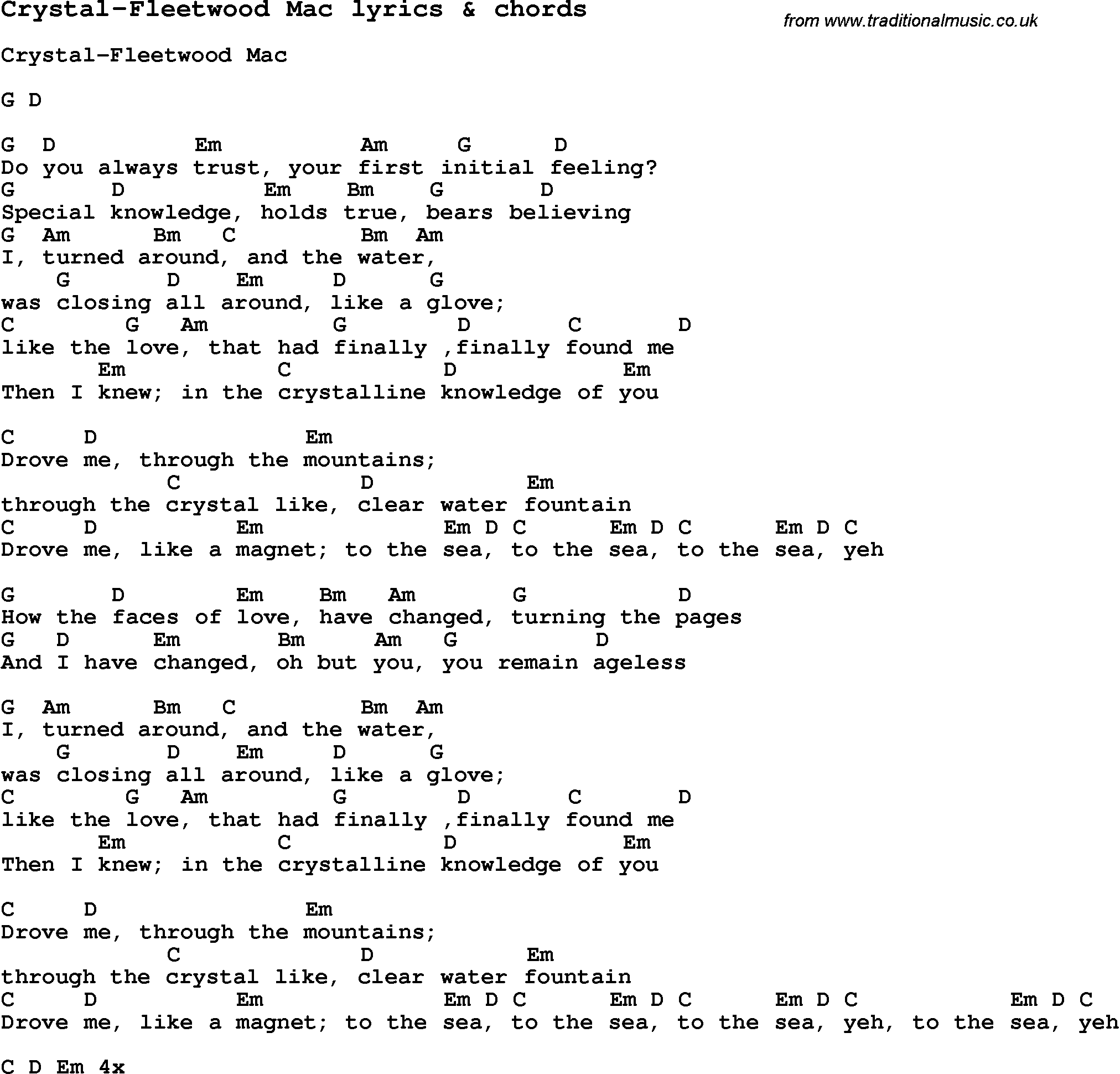 Love Song Lyrics for: Crystal-Fleetwood Mac with chords for Ukulele, Guitar Banjo etc.