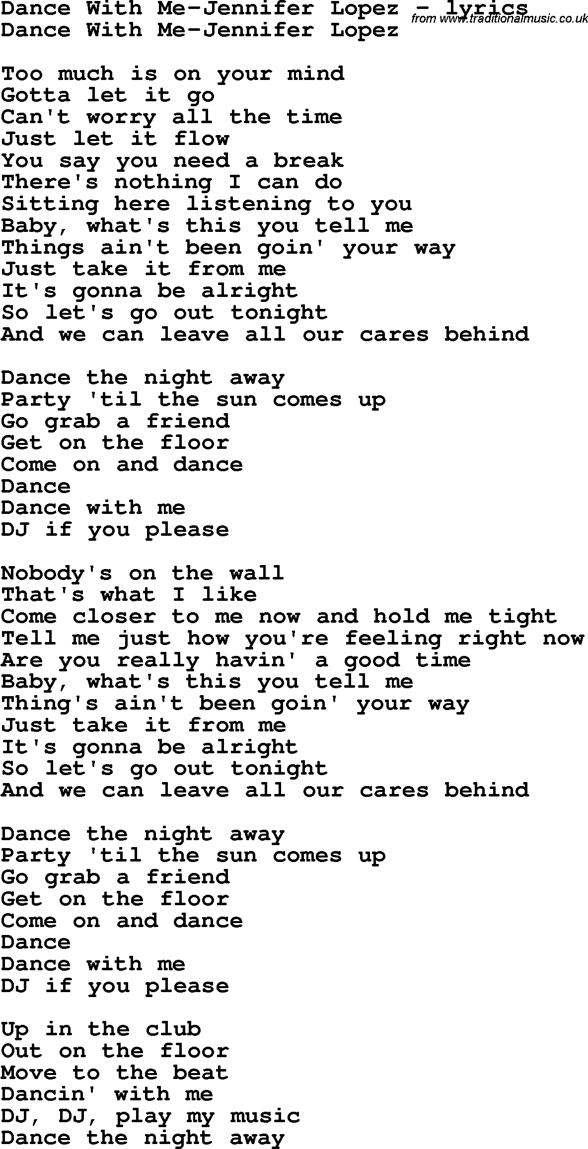 Love Song Lyrics for: Dance With Me-Jennifer Lopez
