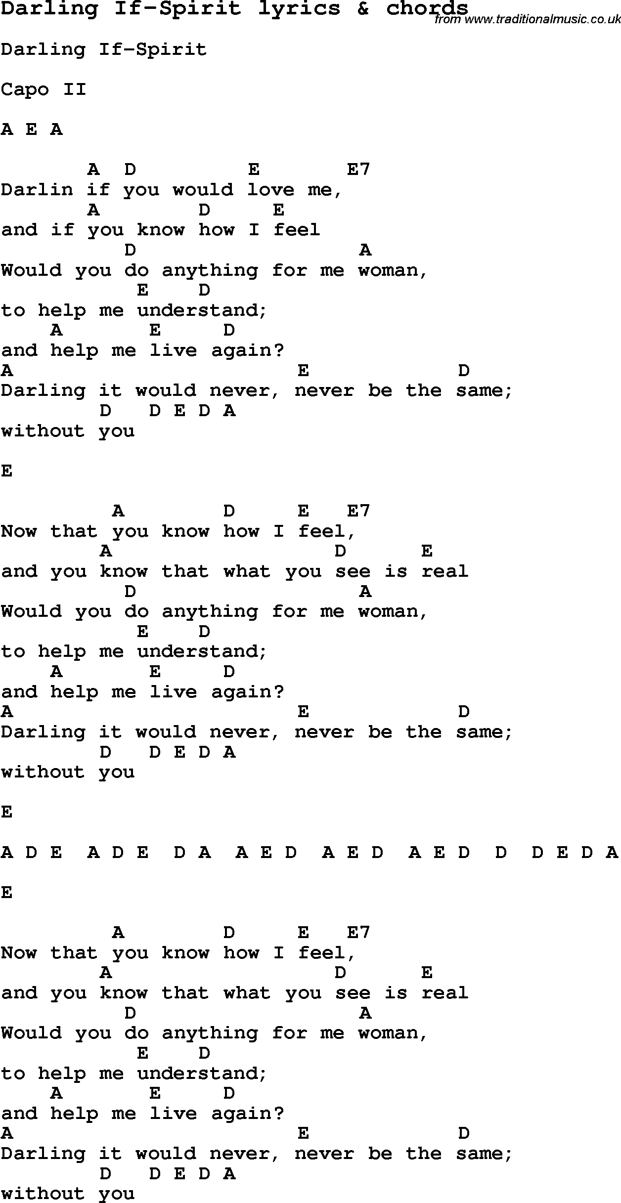 Love Song Lyrics for: Darling If-Spirit with chords for Ukulele, Guitar Banjo etc.