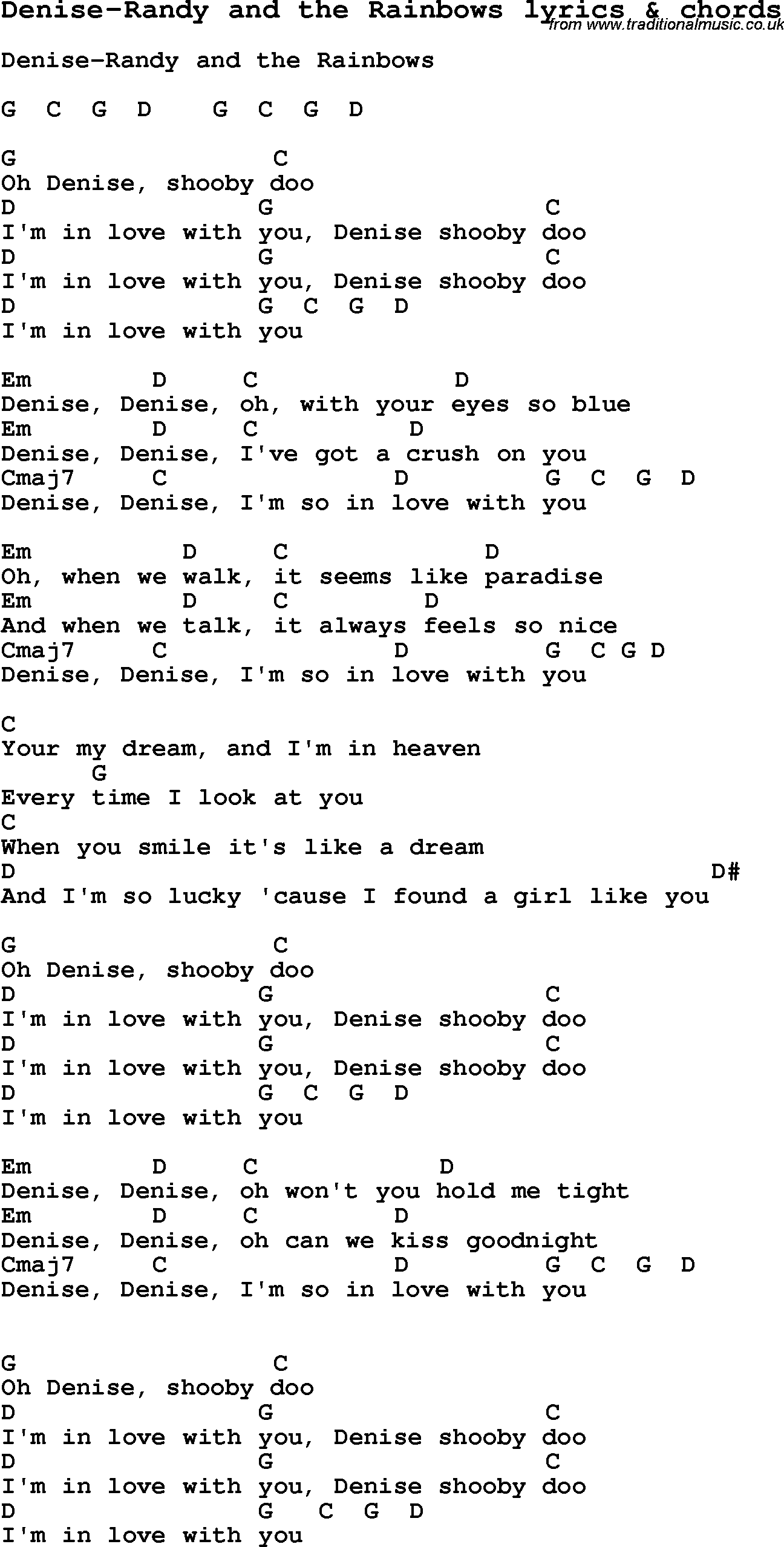 Love Song Lyrics for: Denise-Randy and the Rainbows with chords for Ukulele, Guitar Banjo etc.