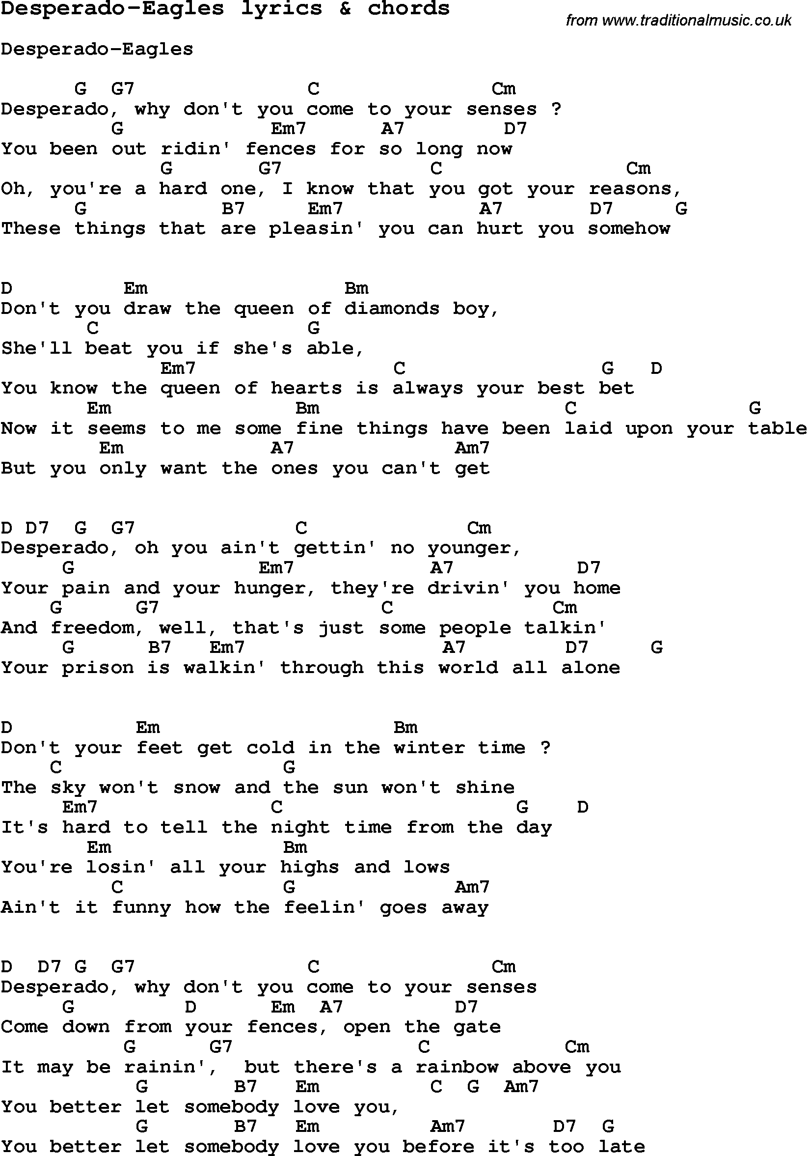 Love Song Lyrics for:Desperado-The Eagles with chords.