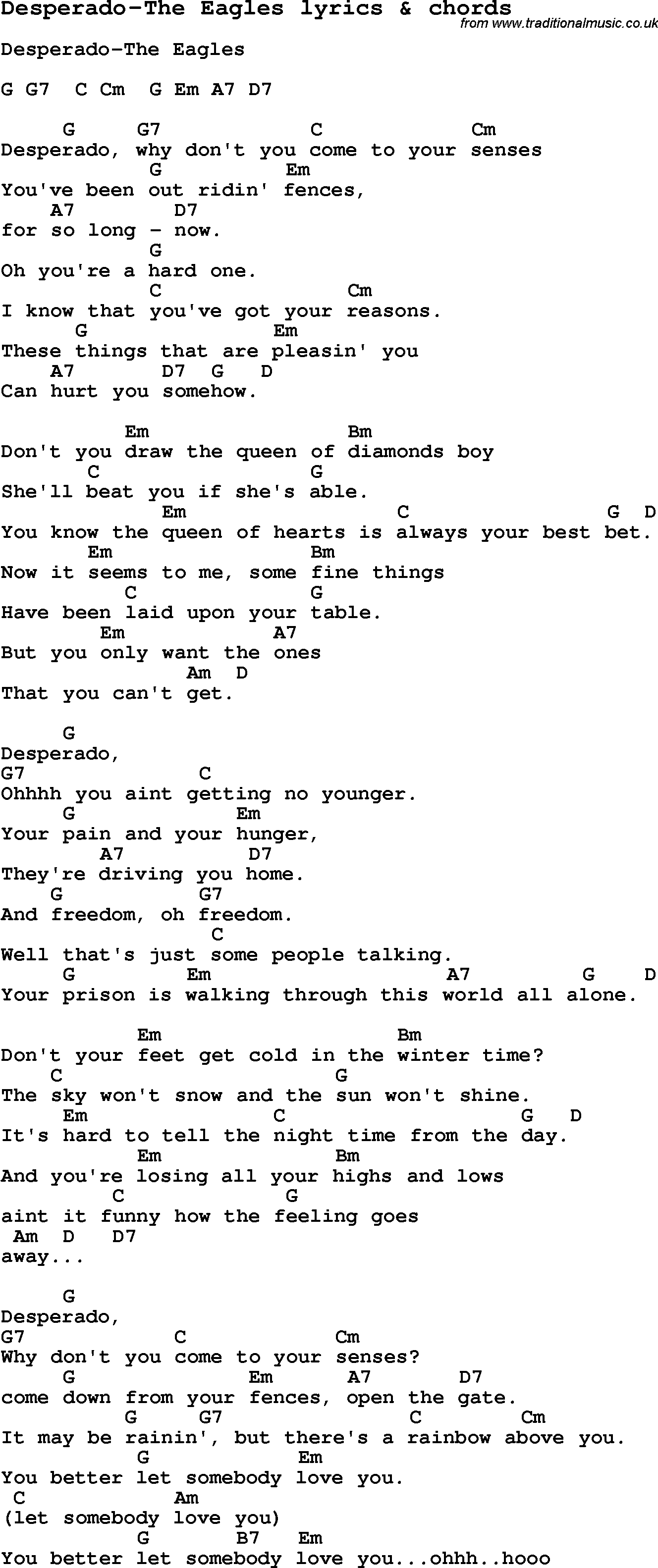 Eagles – Desperado Lyrics