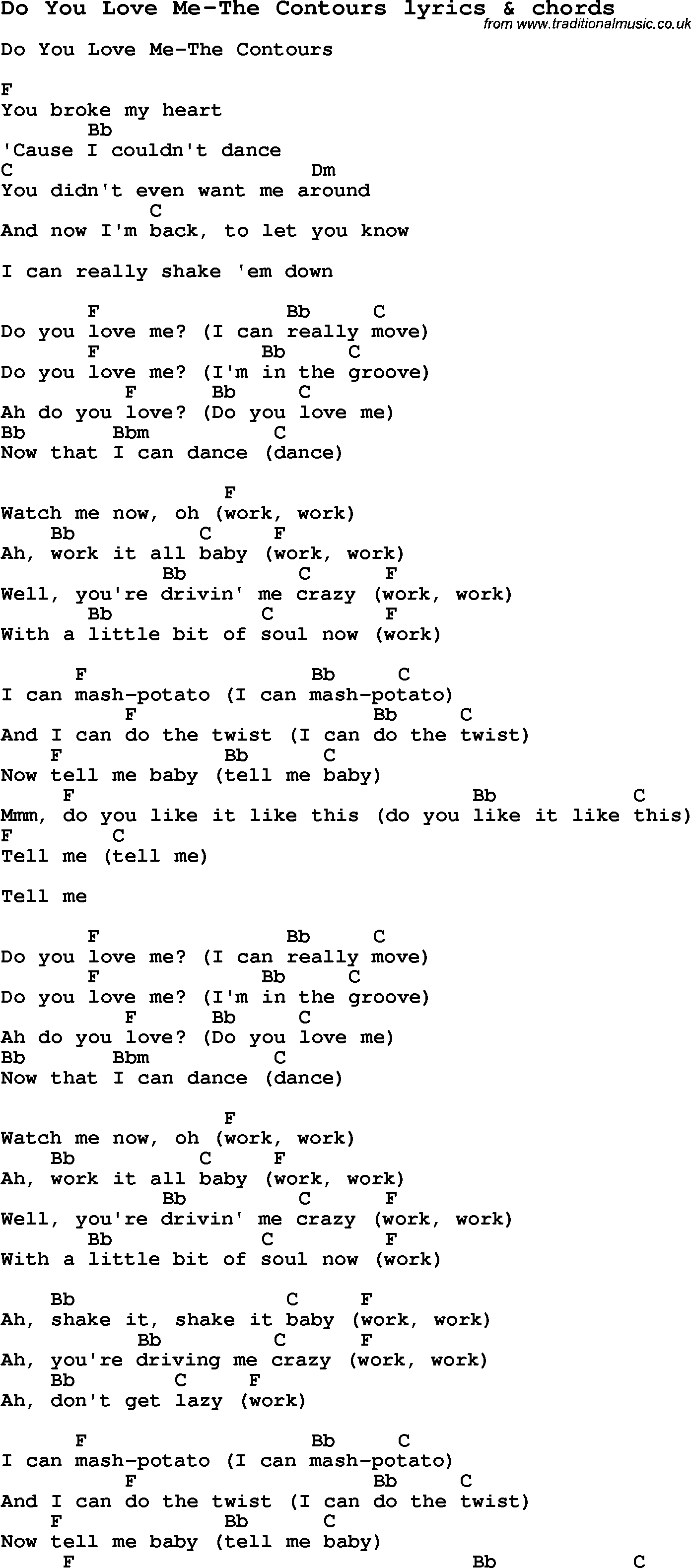 Love Song Lyrics for: Do You Love Me-The Contours with chords for Ukulele, Guitar Banjo etc.