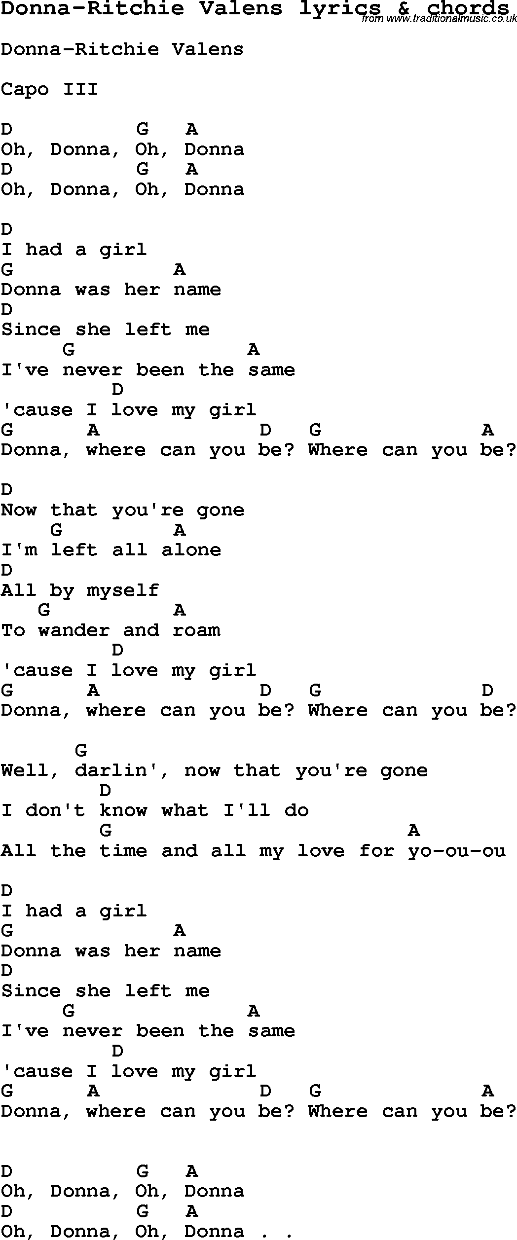 Love Song Lyrics for: Donna-Ritchie Valens with chords for Ukulele, Guitar Banjo etc.