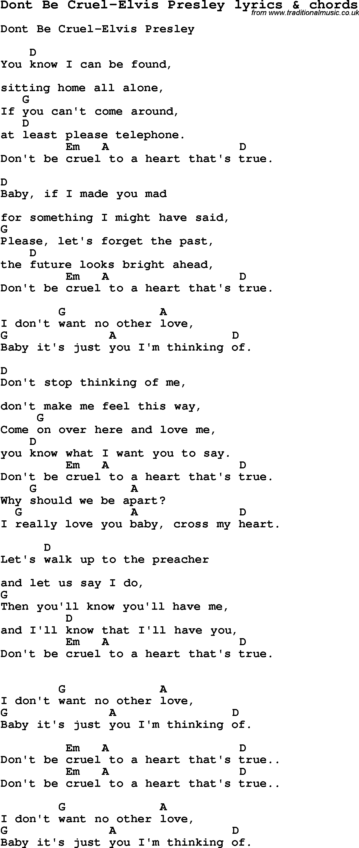Love Song Lyrics for: Dont Be Cruel-Elvis Presley with chords for Ukulele, Guitar Banjo etc.