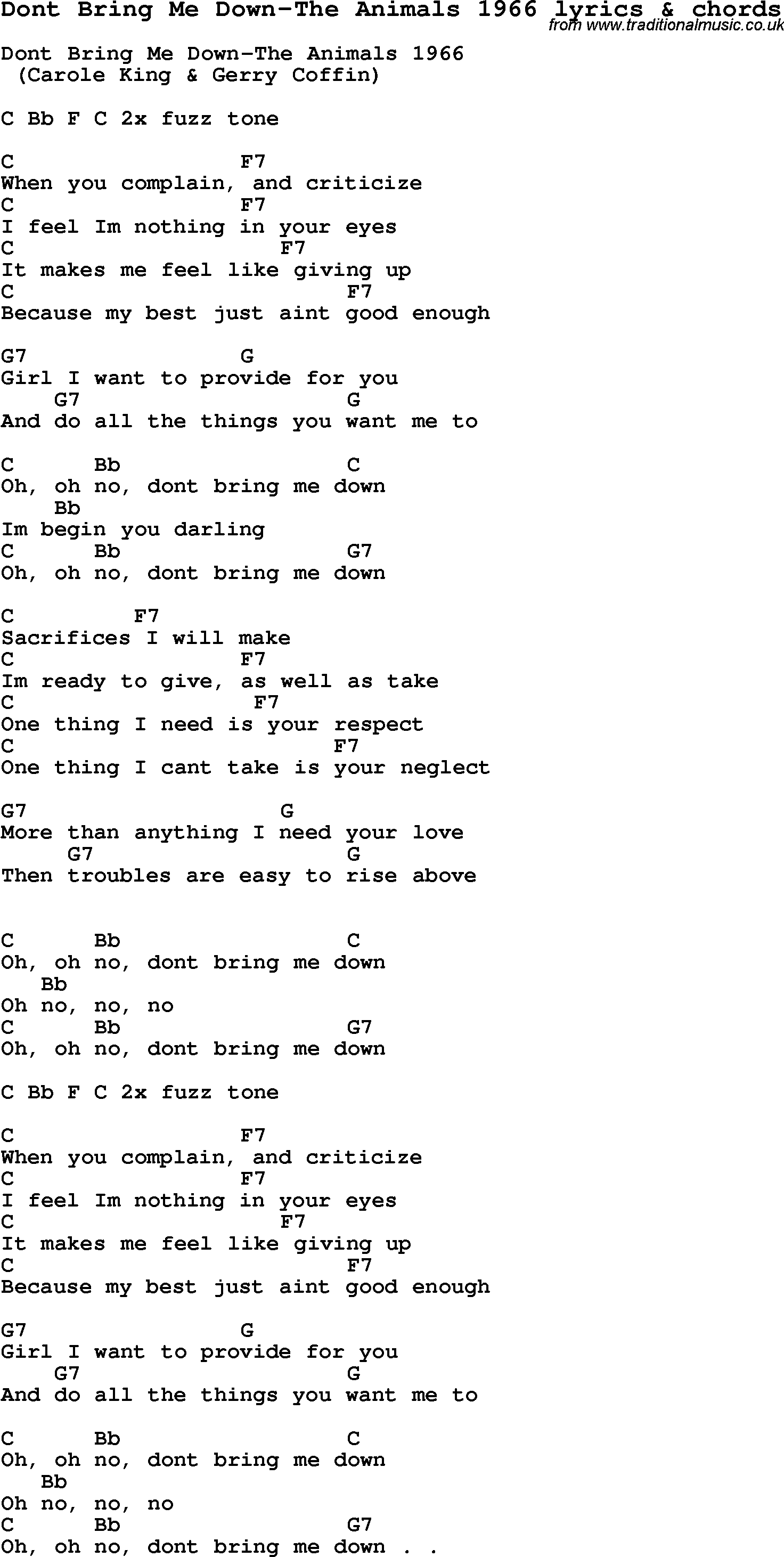 Love Song Lyrics for: Dont Bring Me Down-The Animals 1966 with chords for Ukulele, Guitar Banjo etc.